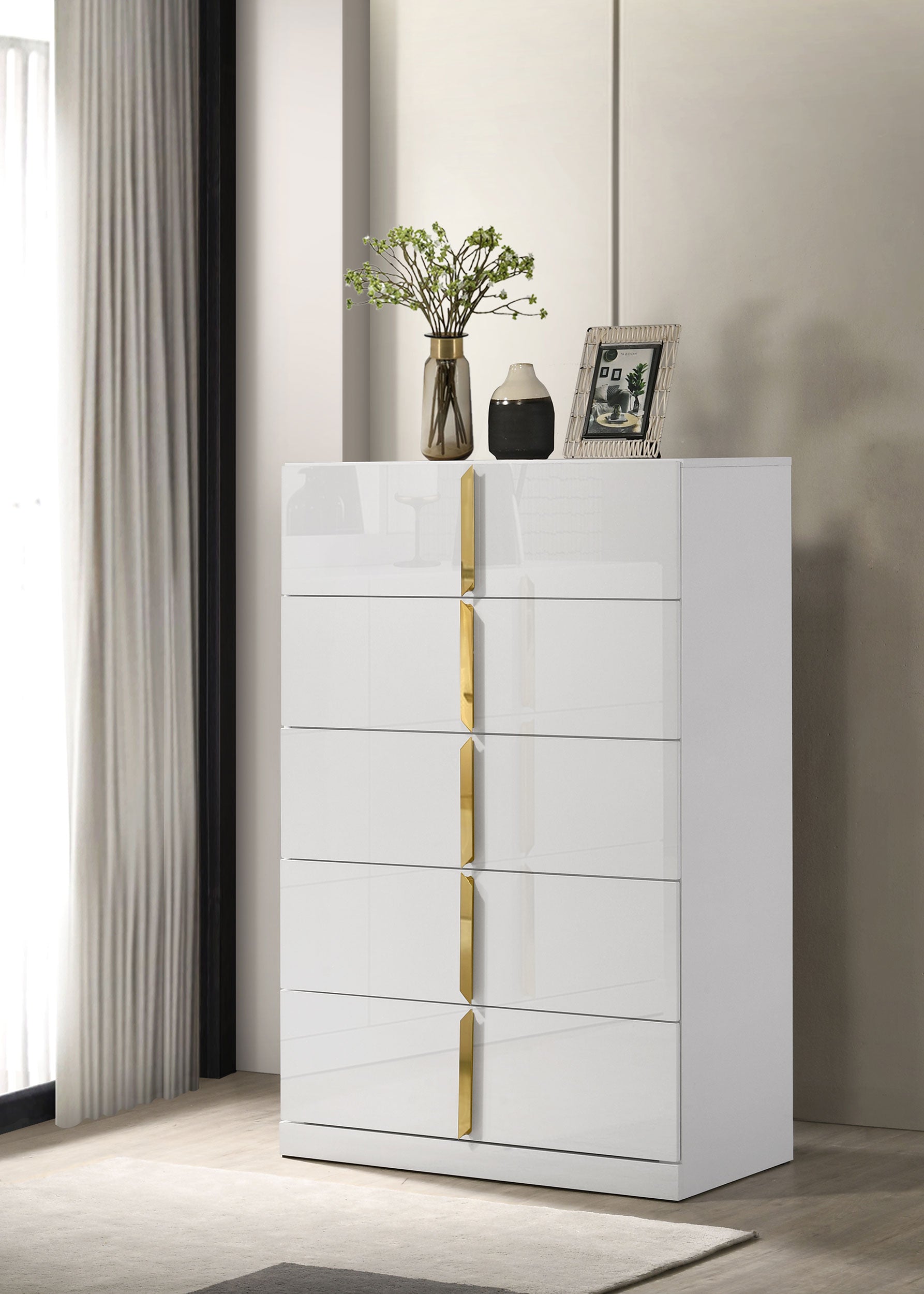 Ines 5-drawer Bedroom Chest of Drawers White High Gloss — view 2