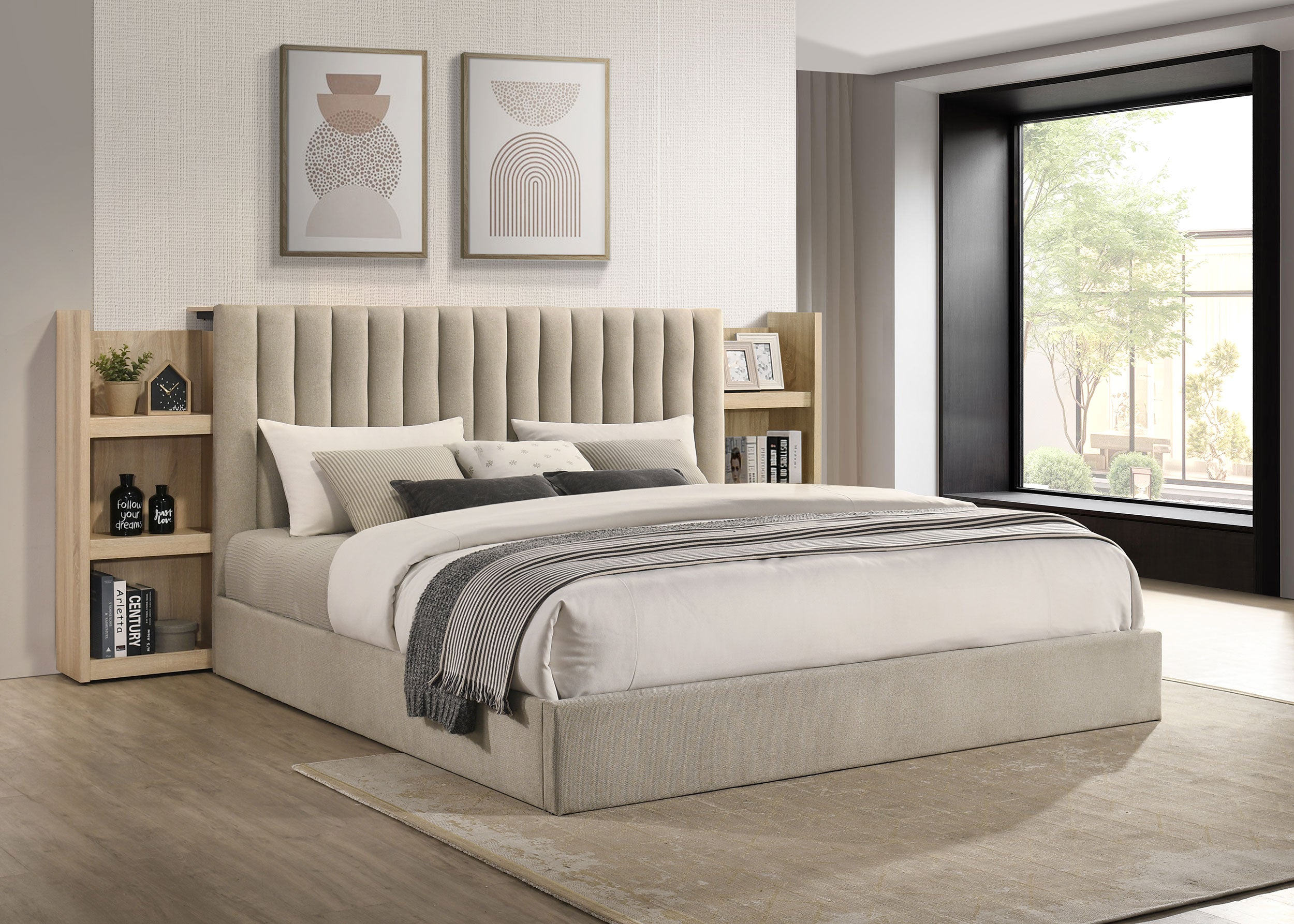Arielle Eastern King Bookcase Panel Storage Bed Light Oak — view 3