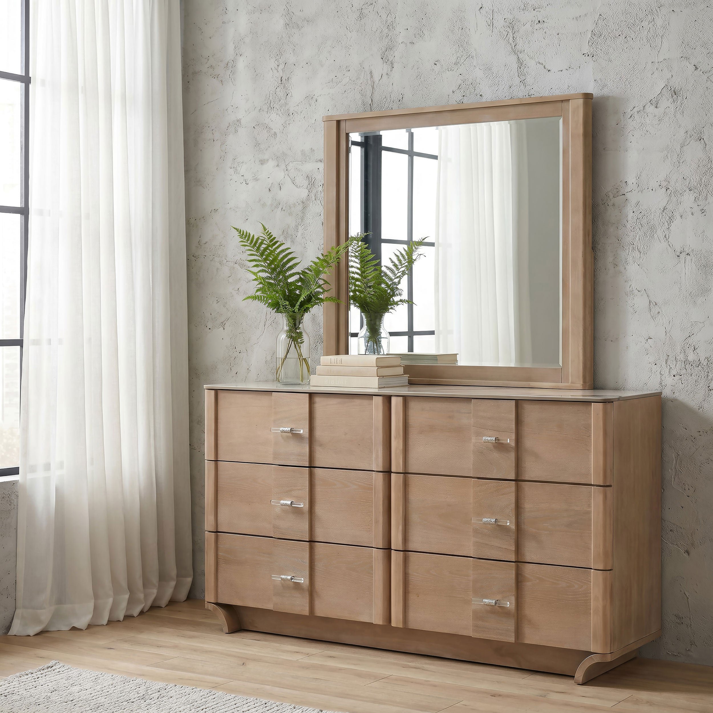 Leanne 6-drawer Sinter Stone Top Dresser and Mirror Light Oak — view 2