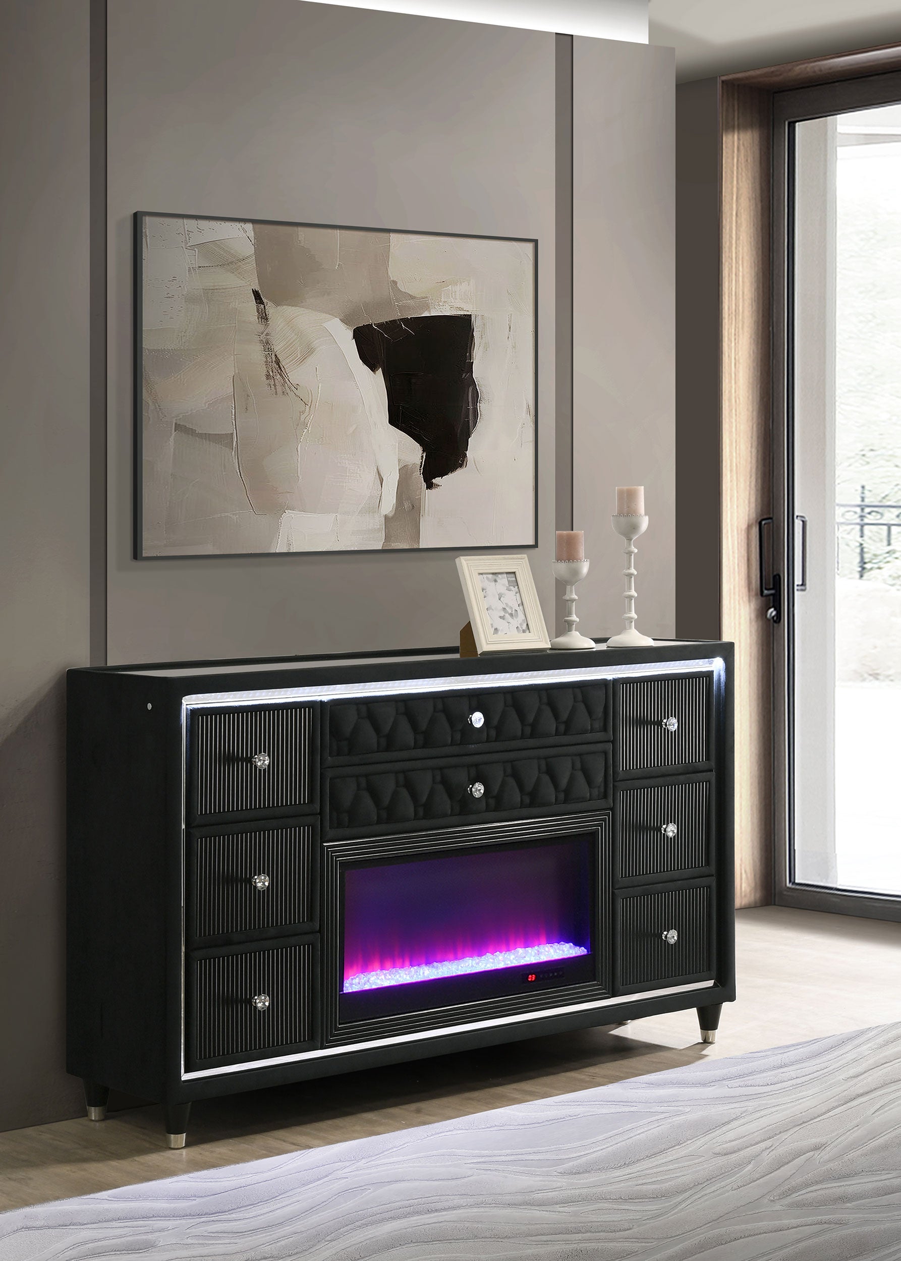 Lorient 8-drawer LED Bedroom Flame Box Dresser Black — view 2