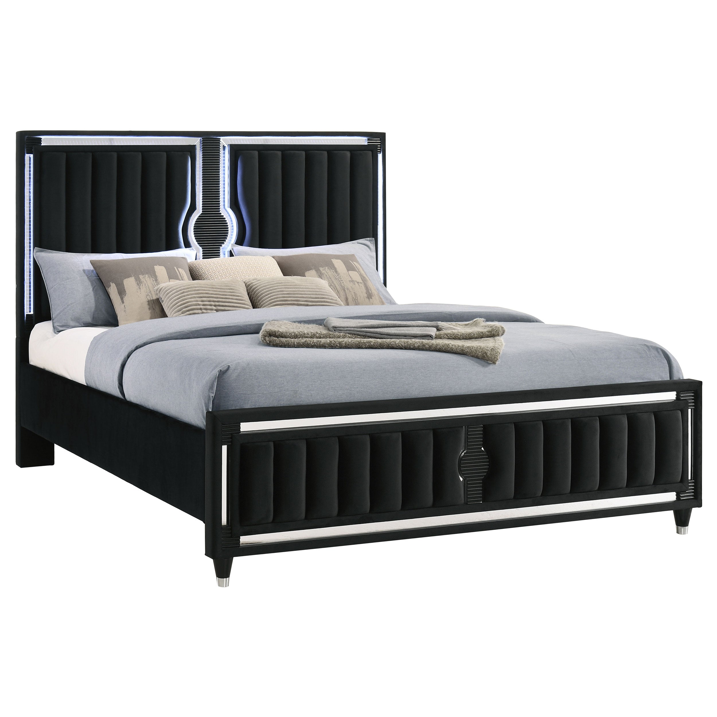 Ravenne Velvet Upholstered Eastern King LED Panel Bed Black — view 3