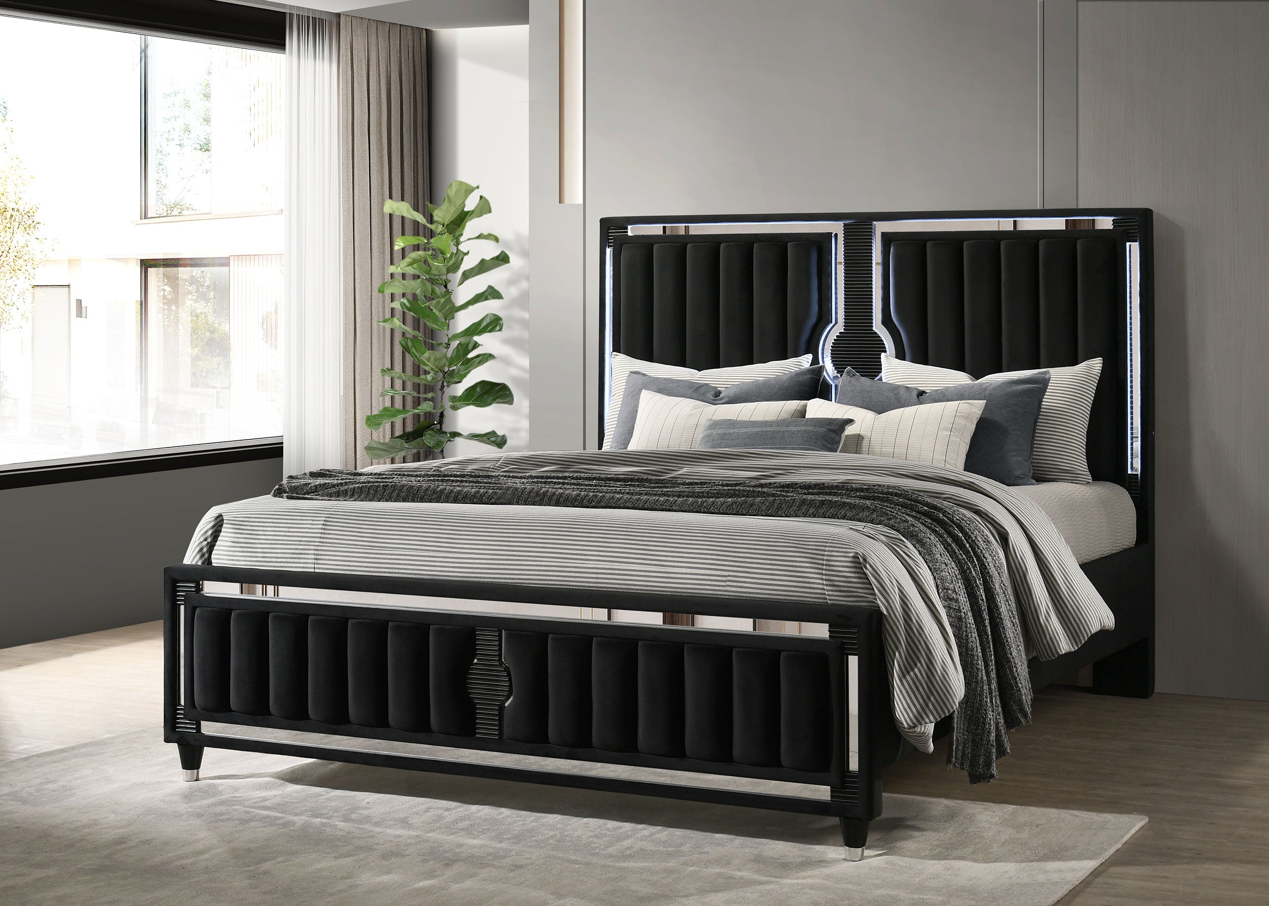 Ravenne Velvet Upholstered California King LED Panel Bed Black — view 2