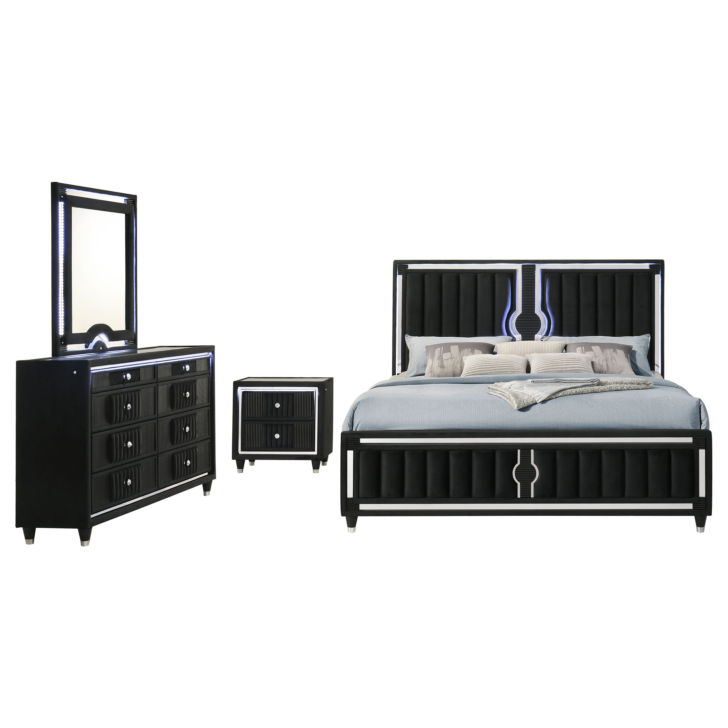 Ravenne 4-piece Velvet Upholstered Queen LED Bedroom Set Black — view 2