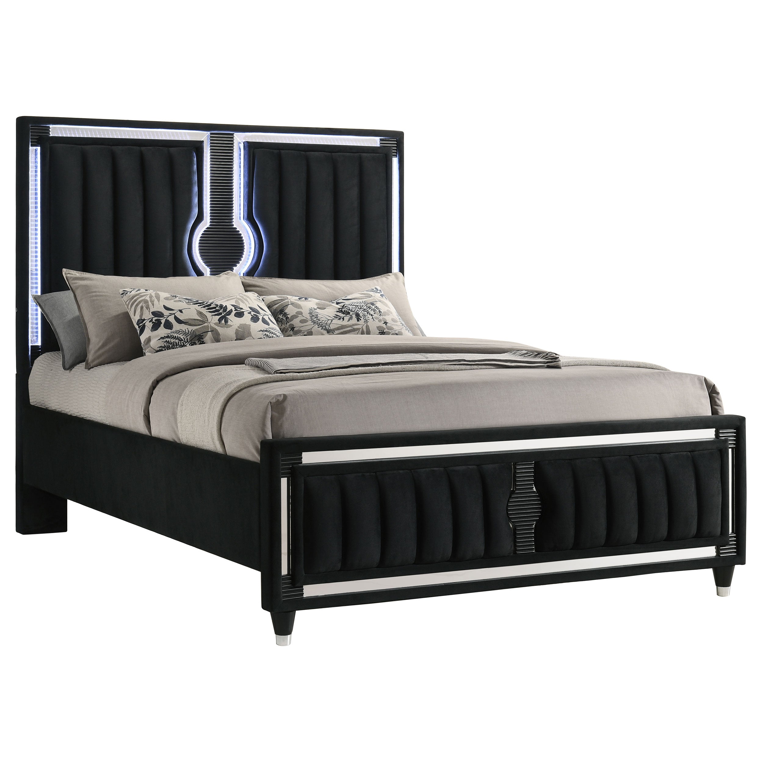 Ravenne Velvet Upholstered Queen LED Panel Bed Black — view 3