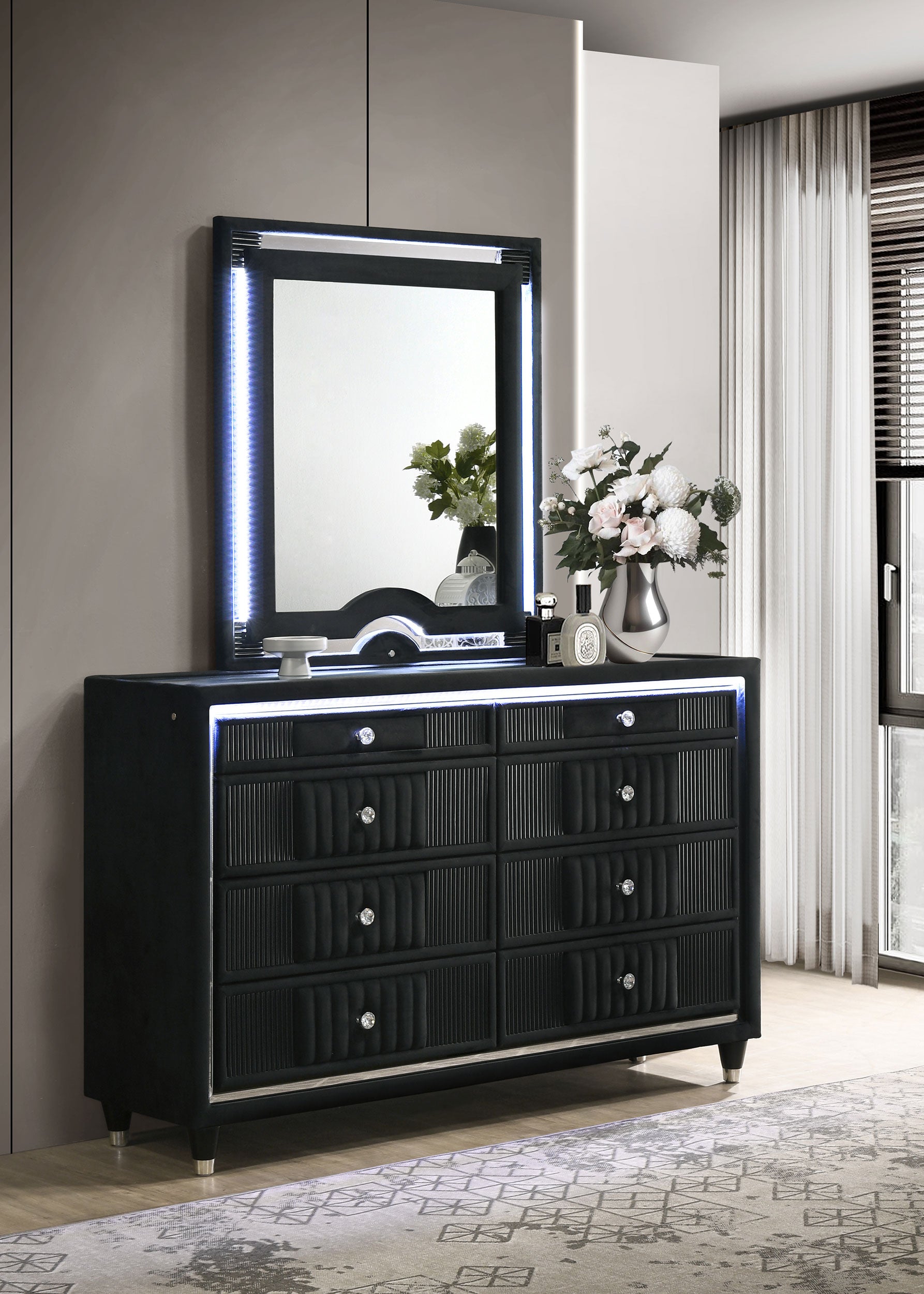 Ravenne 8-drawer Velvet Upholstered LED Dresser and Mirror Black — view 2