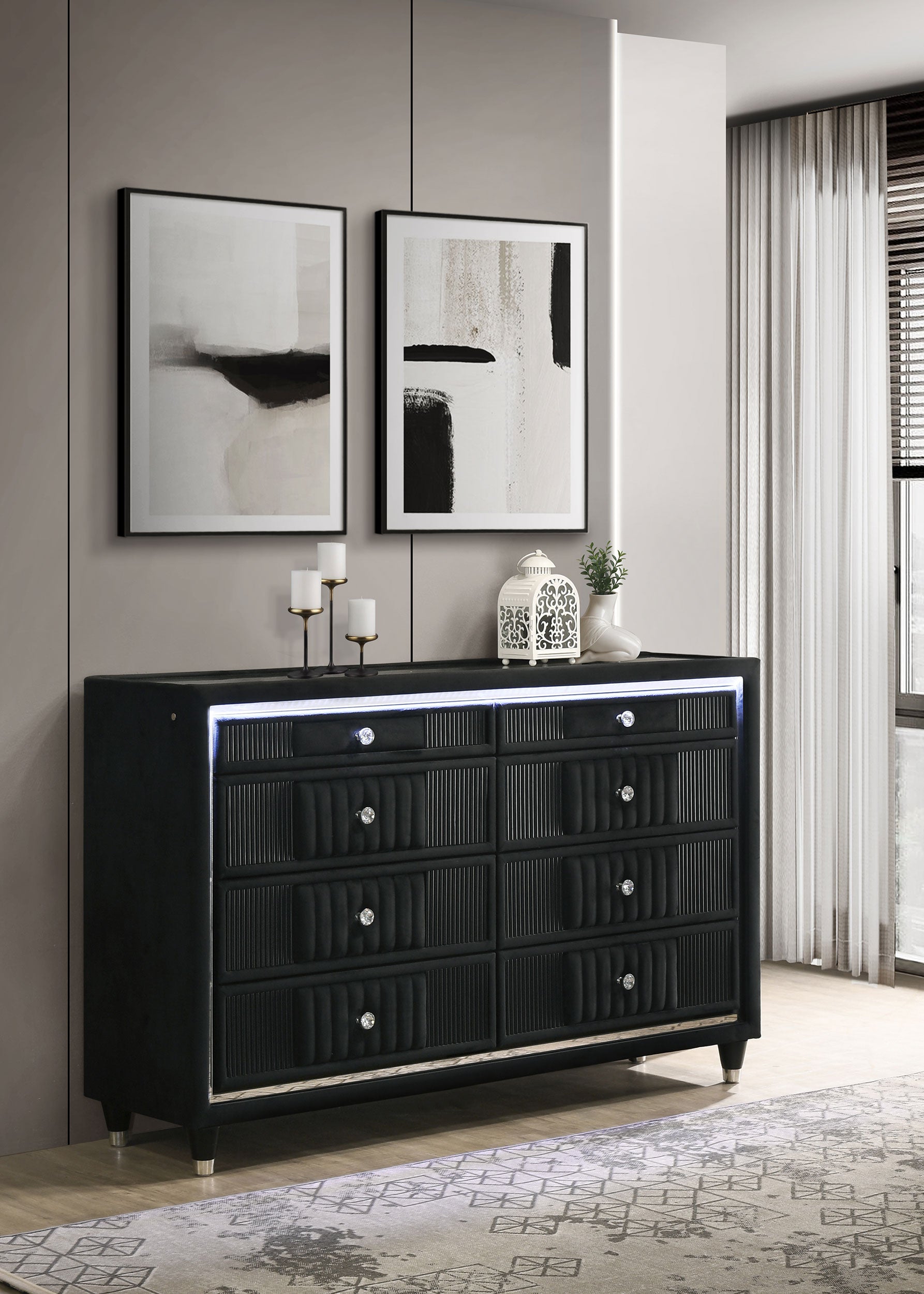 Ravenne 8-drawer Velvet Upholstered LED Dresser Cabinet Black — view 2