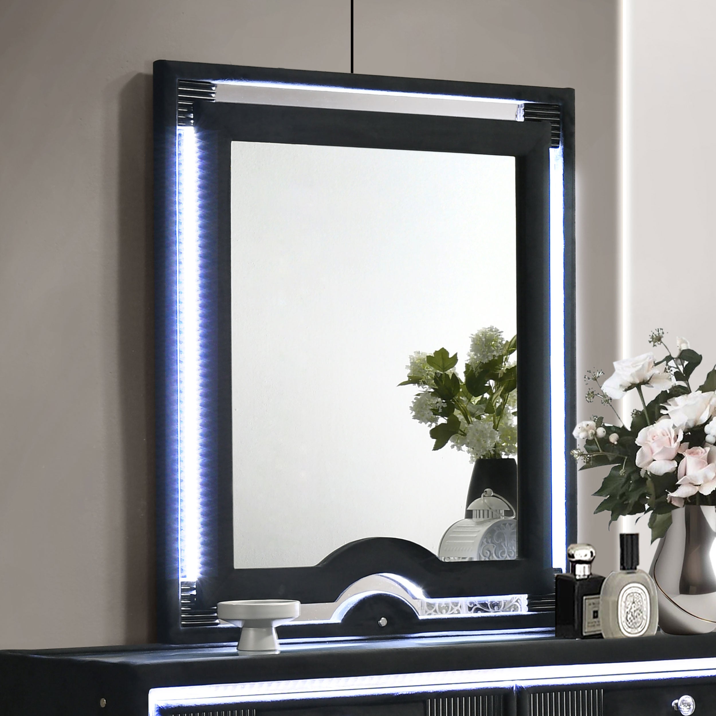Ravenne Velvet Upholstered LED Dresser Mirror Black — view 2