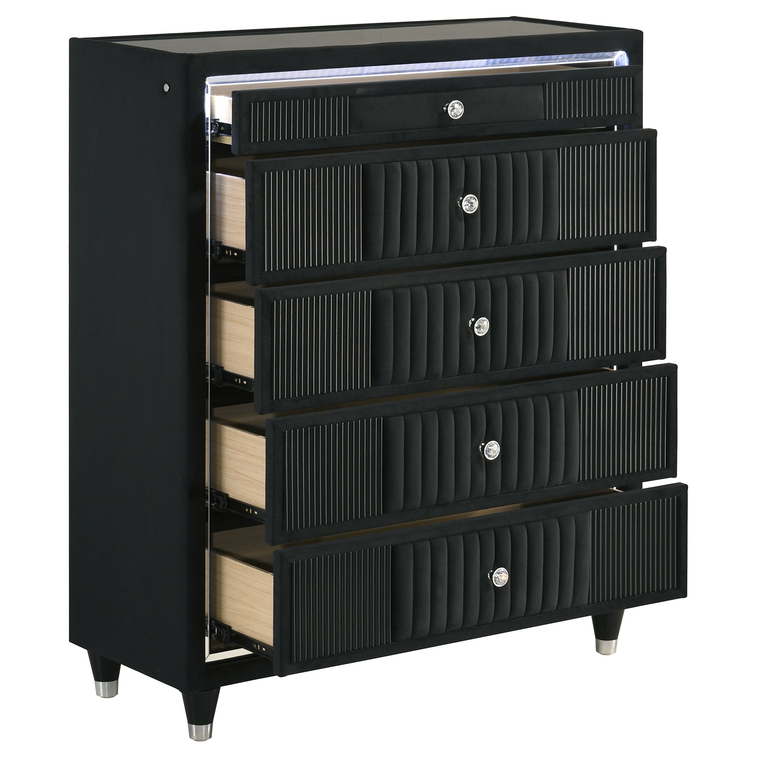 Ravenne 5-drawer Velvet Upholstered LED Chest of Drawers Black — view 10