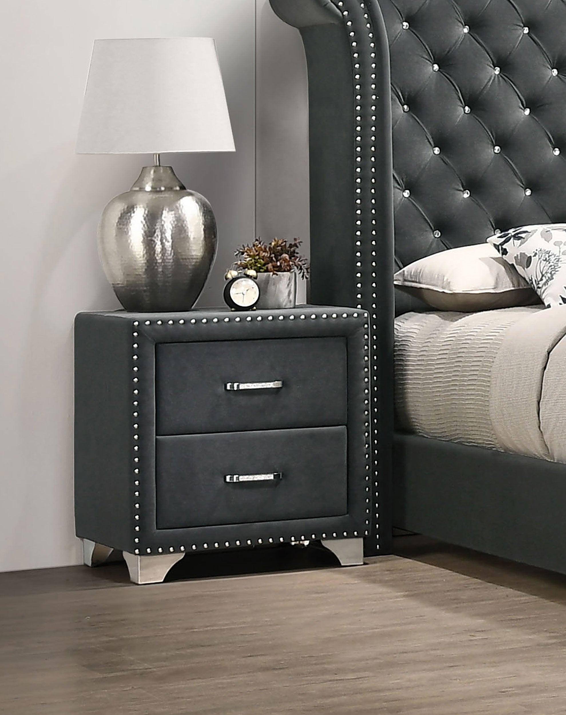 Melody Upholstered 2-drawer Nightstand Grey — view 2