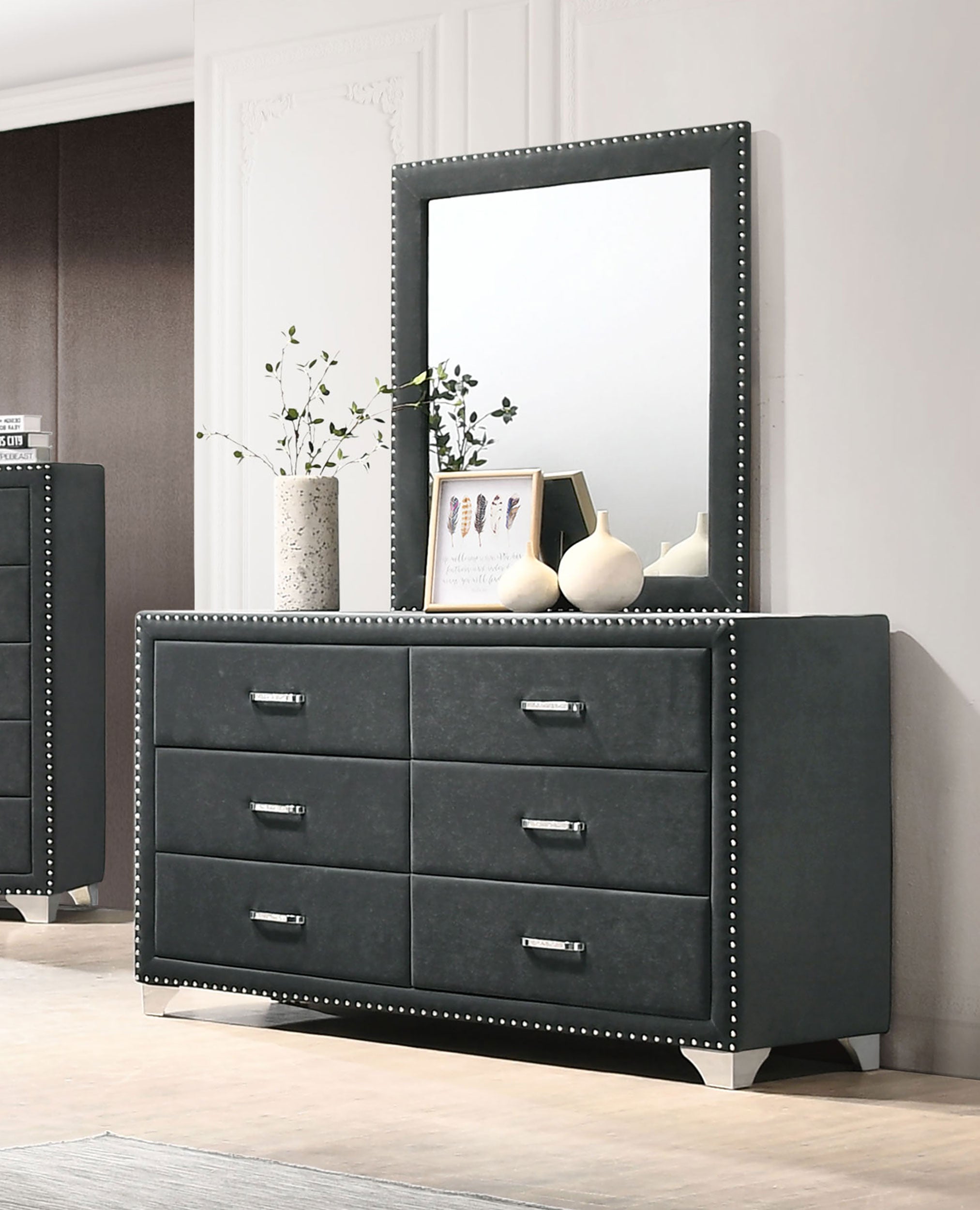Melody 6-drawer Upholstered Dresser with Mirror Grey — view 2