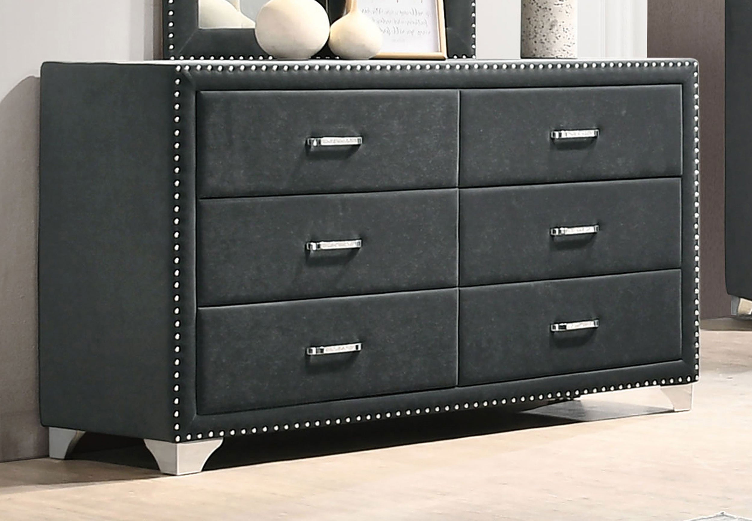 Melody 6-drawer Upholstered Dresser Grey — view 2