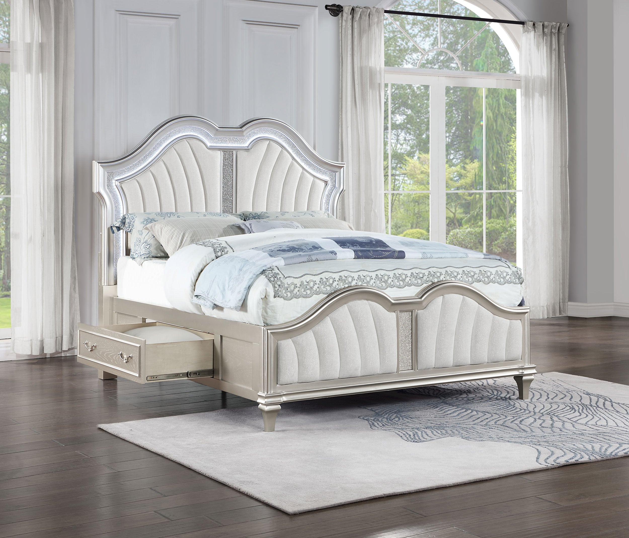 Evangeline Wood Queen LED Storage Panel Bed Silver Oak — view 3