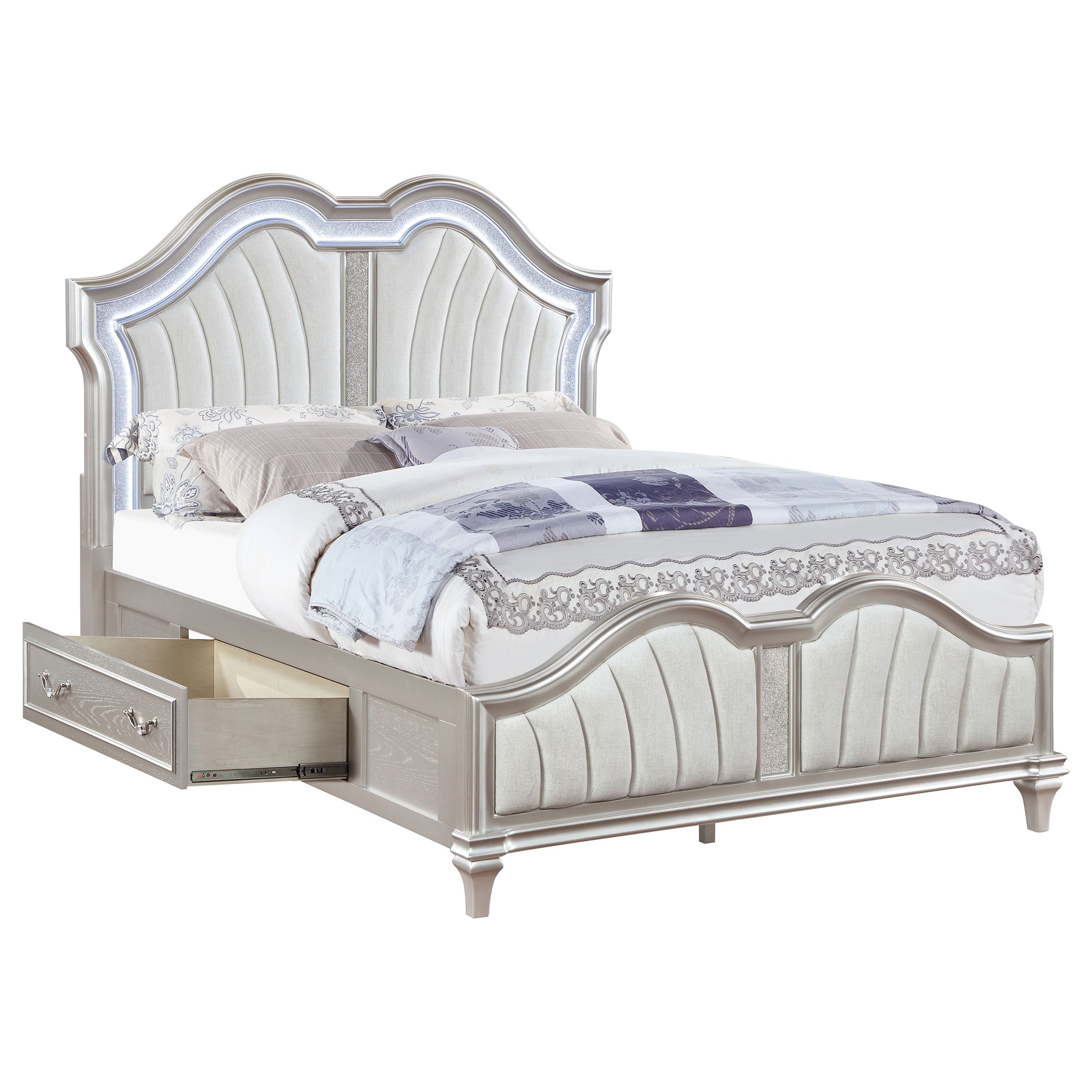 Evangeline Wood Queen LED Storage Panel Bed Silver Oak — view 4