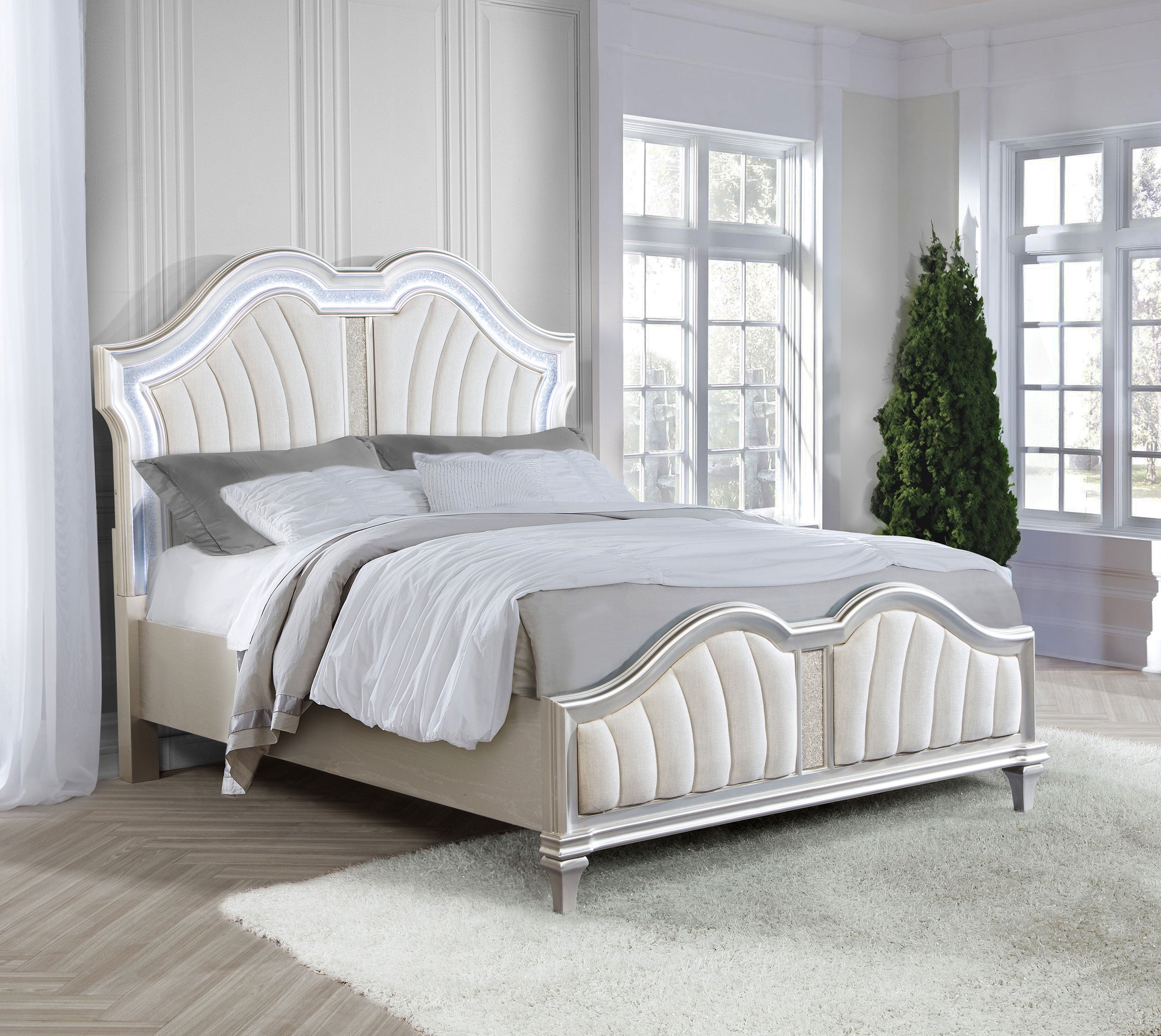 Evangeline Wood Queen LED Panel Bed Silver Oak — view 2