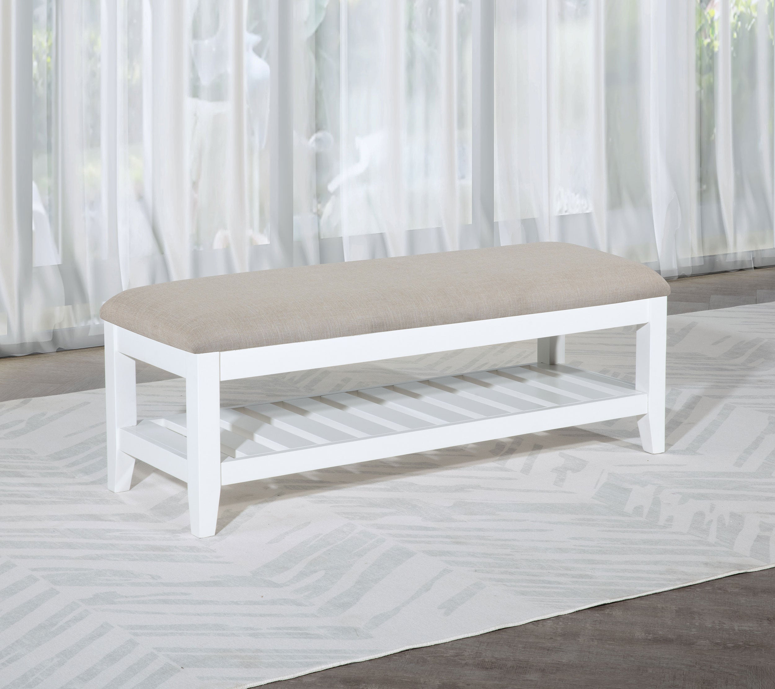 Bexhill Upholstered Rectangular Bench with Shelf White — view 2