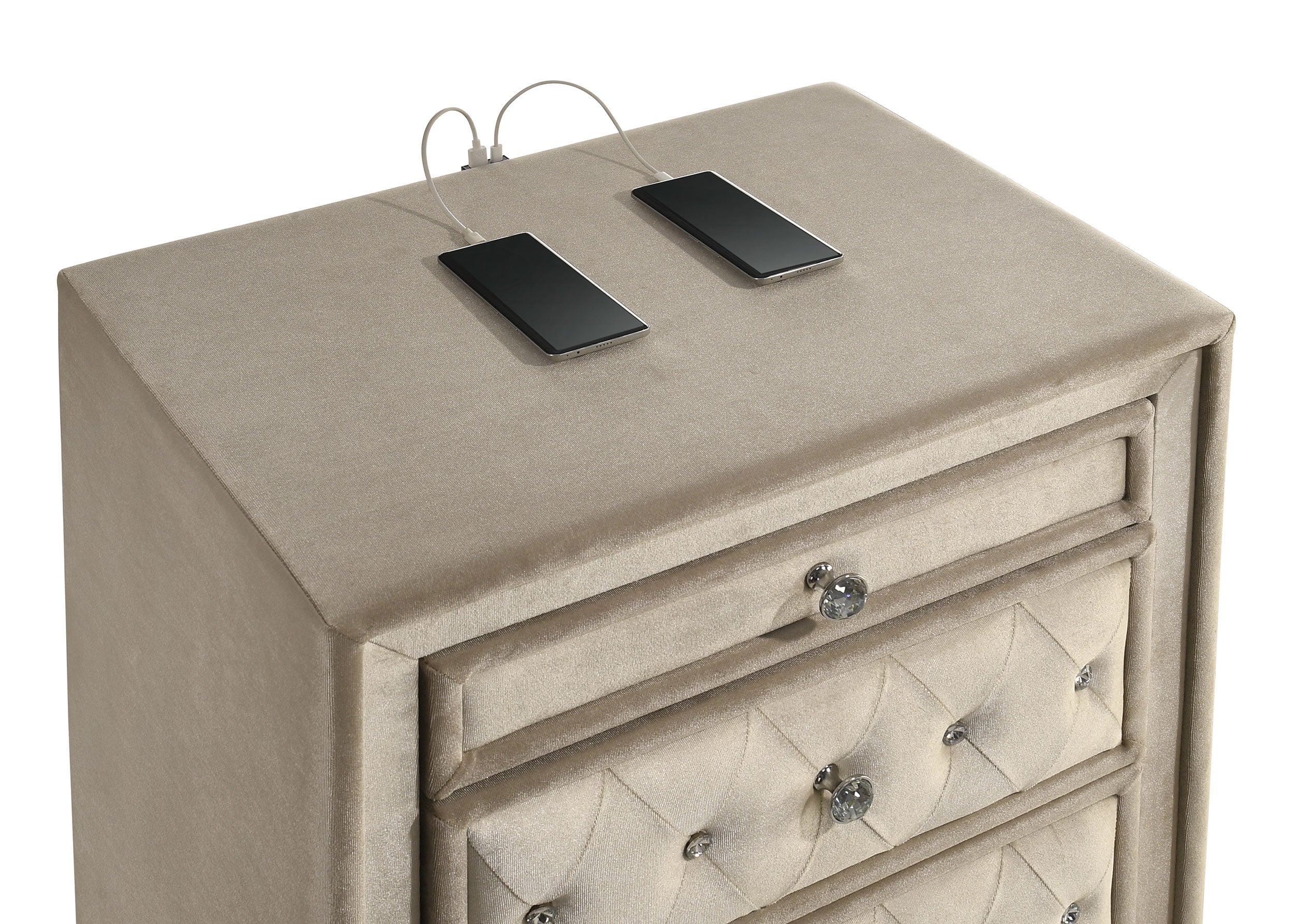 Antonella Upholstered 3-drawer Nightstand Ivory and Camel — view 11