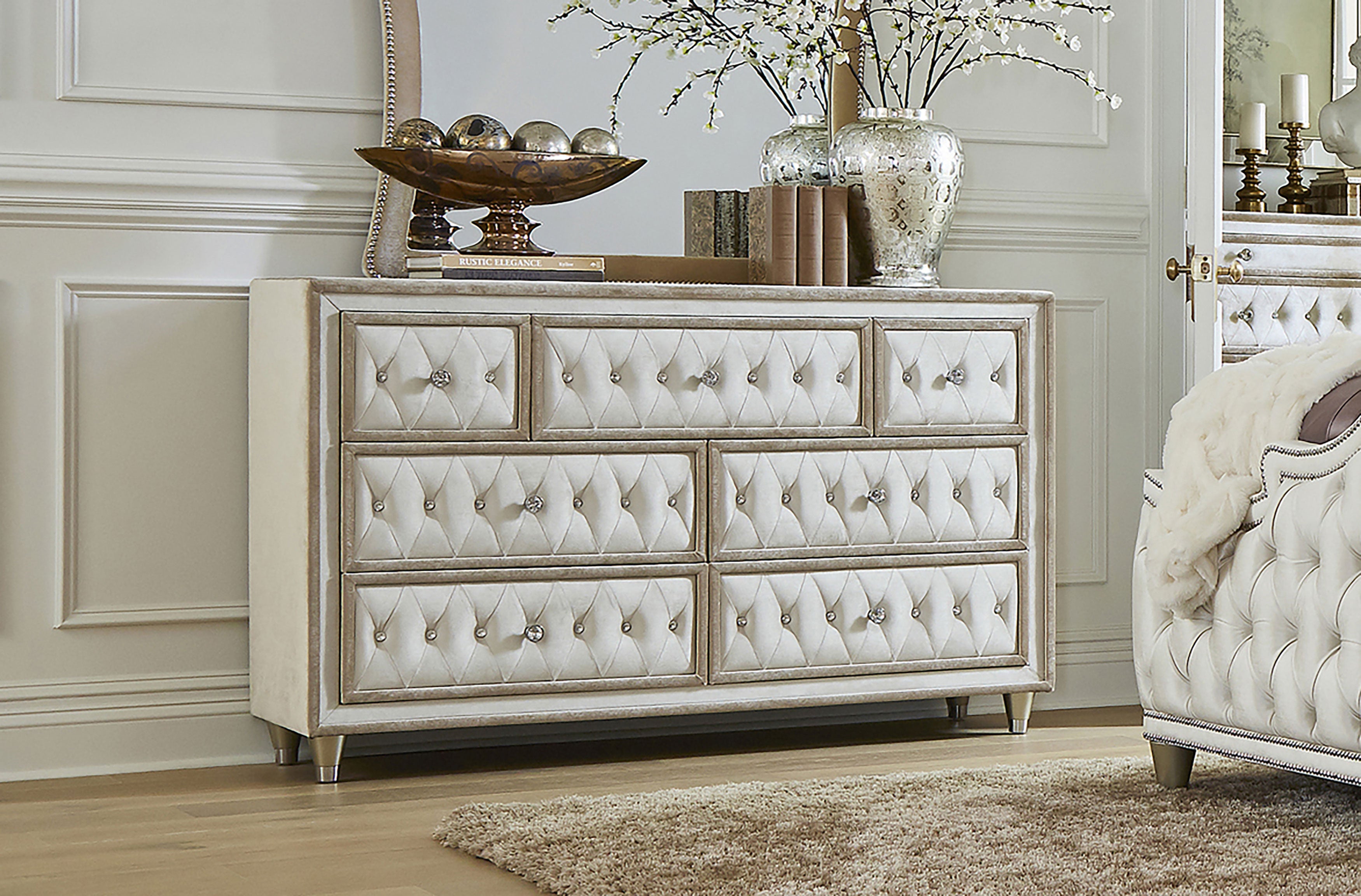 Antonella 7-drawer Upholstered Dresser Ivory and Camel — view 2