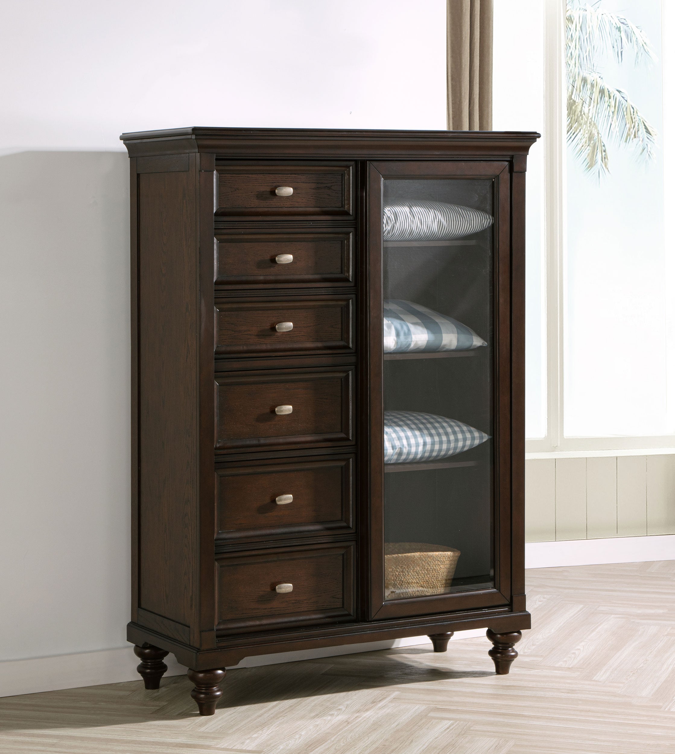 Andover 6-drawer Tempered Glass Door Chest Dark Oak — view 2