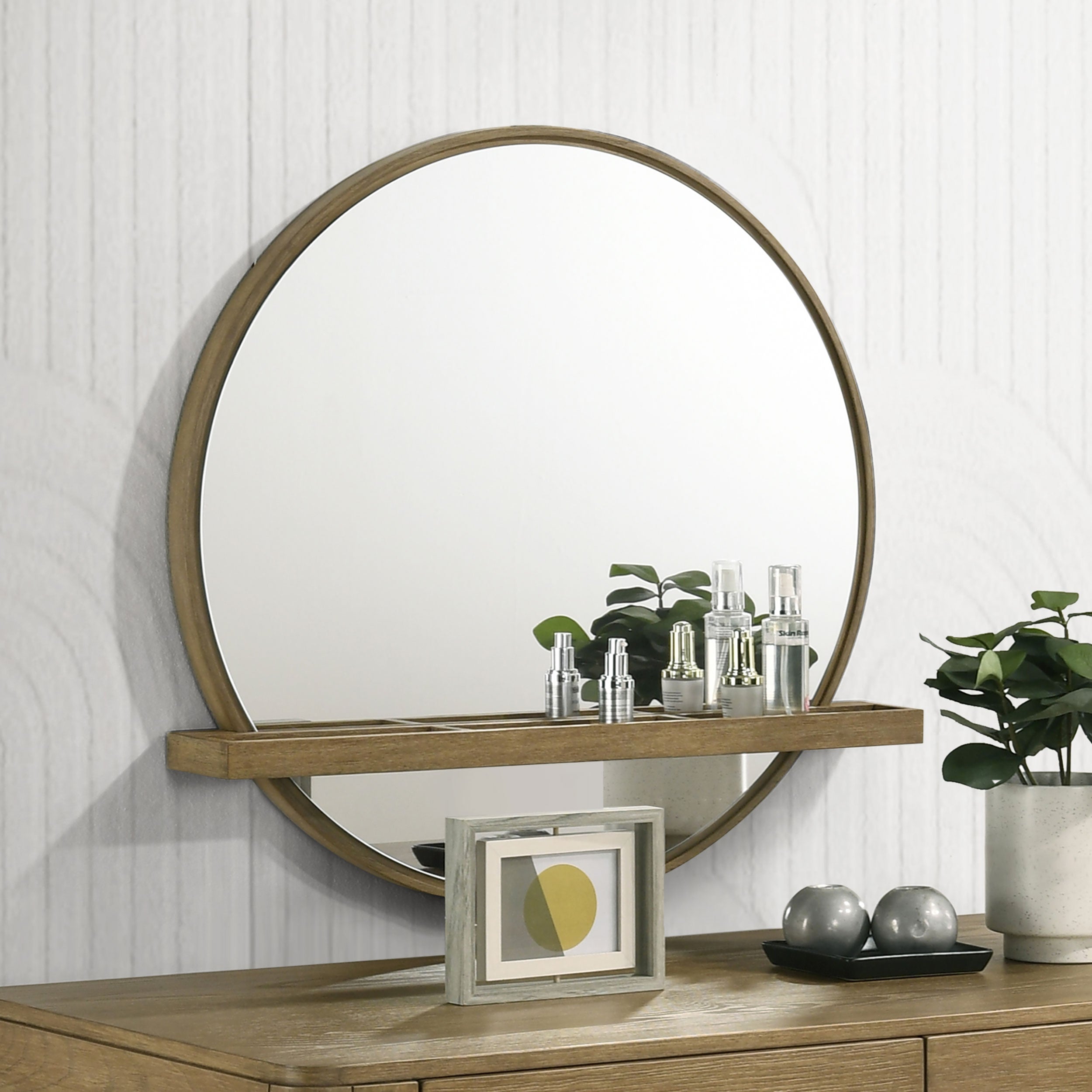 Arini Round Vanity Wall Mirror with Shelf Sand Wash — view 2