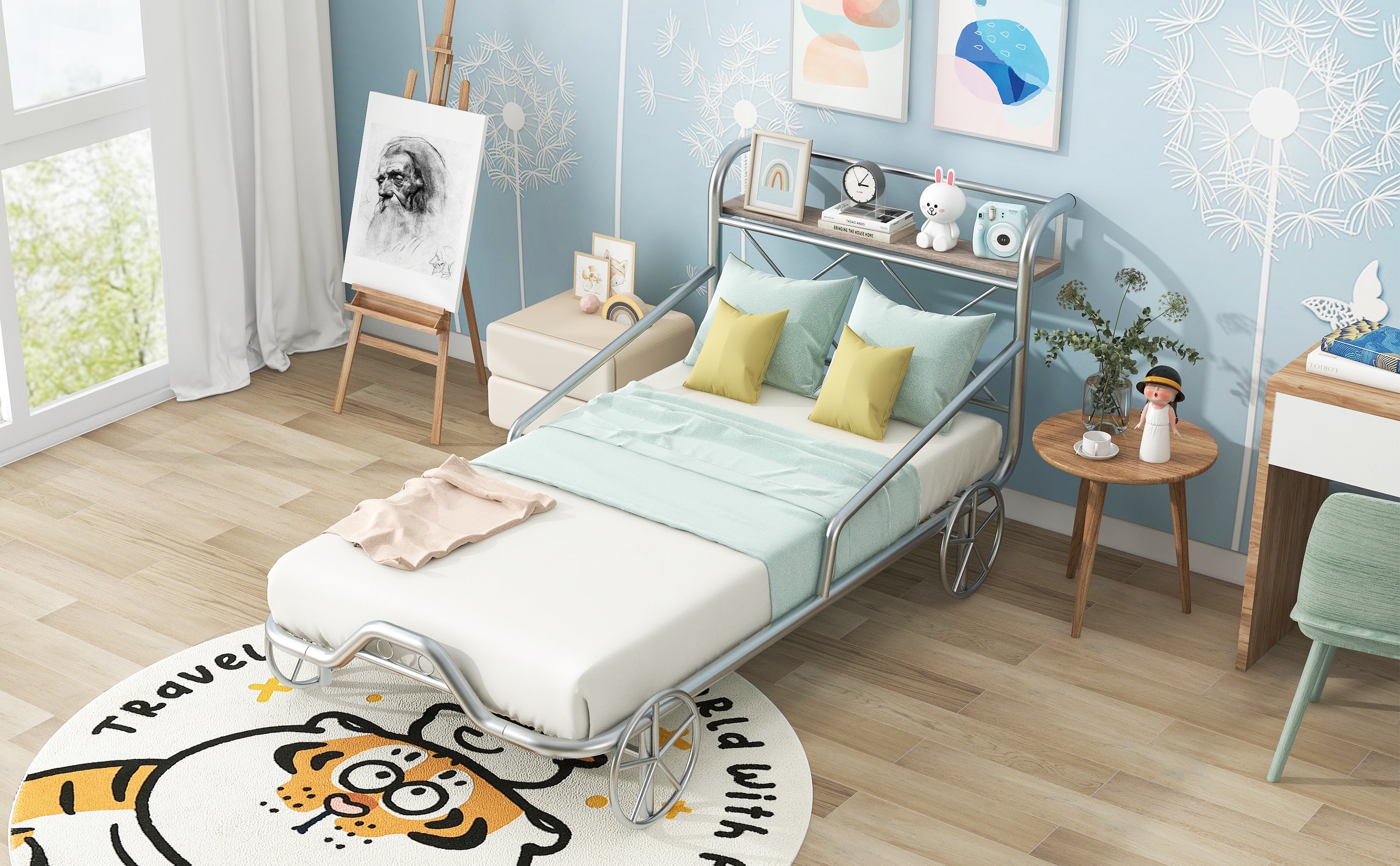 Twin Size Metal Car Bed with Four Wheels, Guardrails and X-Shaped Frame Shelf, Silver(Old SKU: MF297599AAN) - Atlantic Fine Furniture Melbourne FL