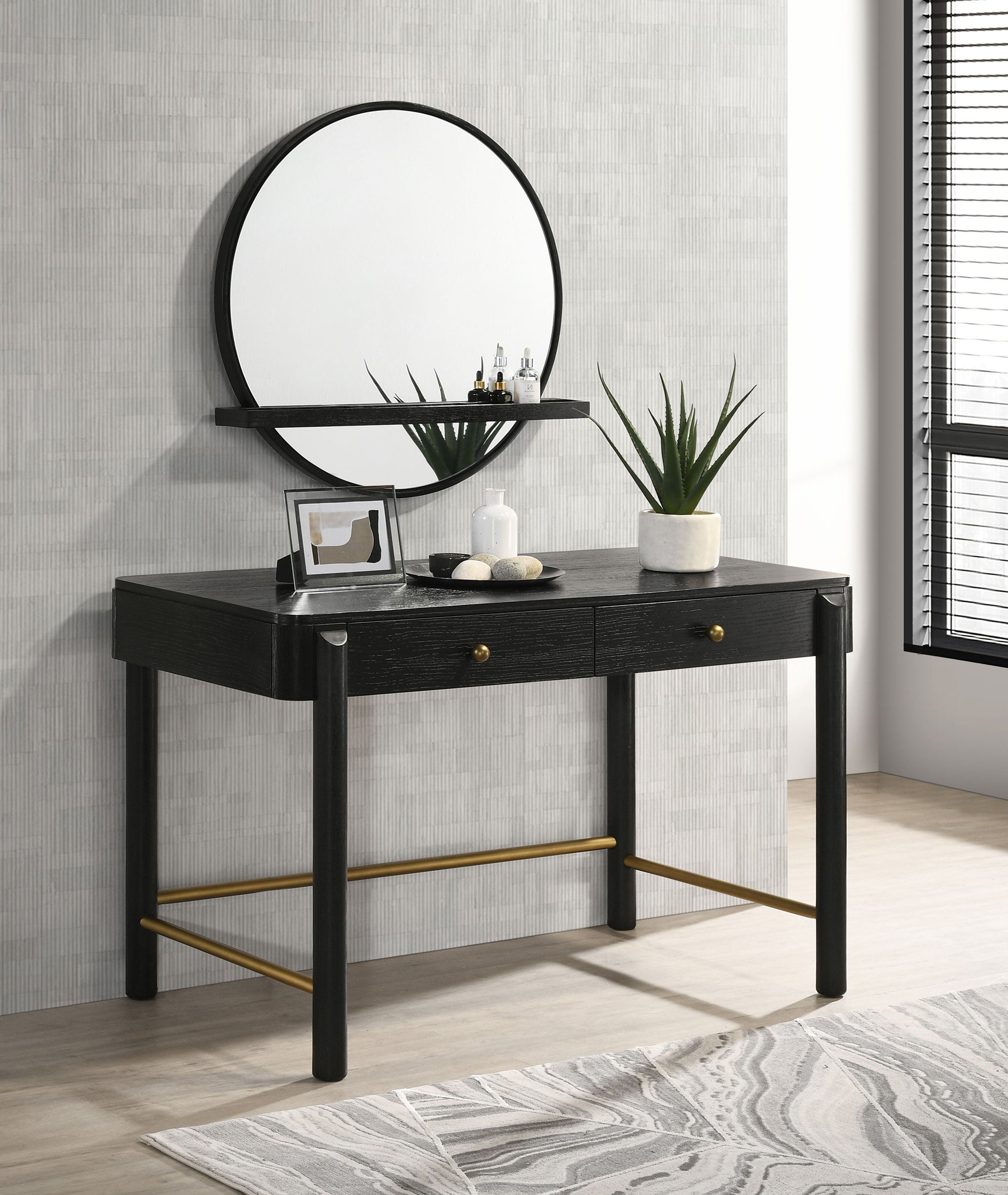 Arini Round Vanity Wall Mirror with Shelf Black — view 7