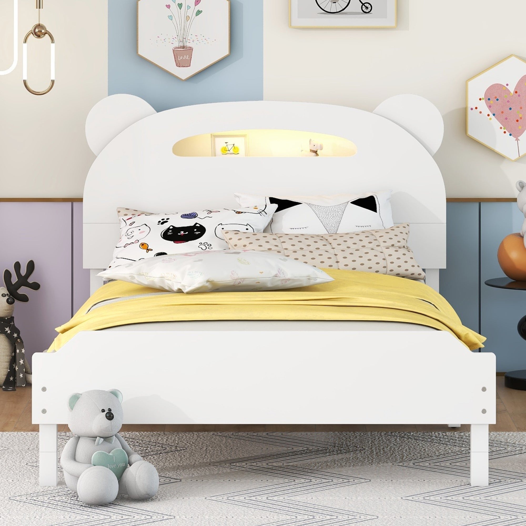 Twin Size Wood Platform Bed with Bear-shaped Headboard,Bed with Motion Activated Night Lights,White - Atlantic Fine Furniture Melbourne FL