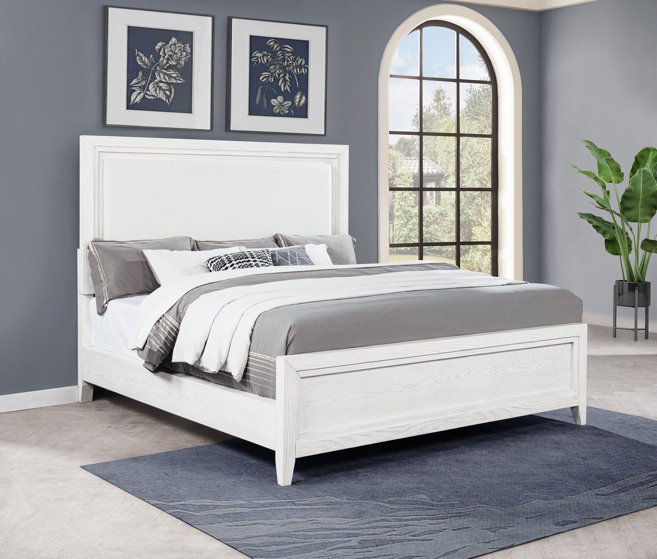 Marielle Eastern King Upholstered Panel Bed Distressed White — view 2