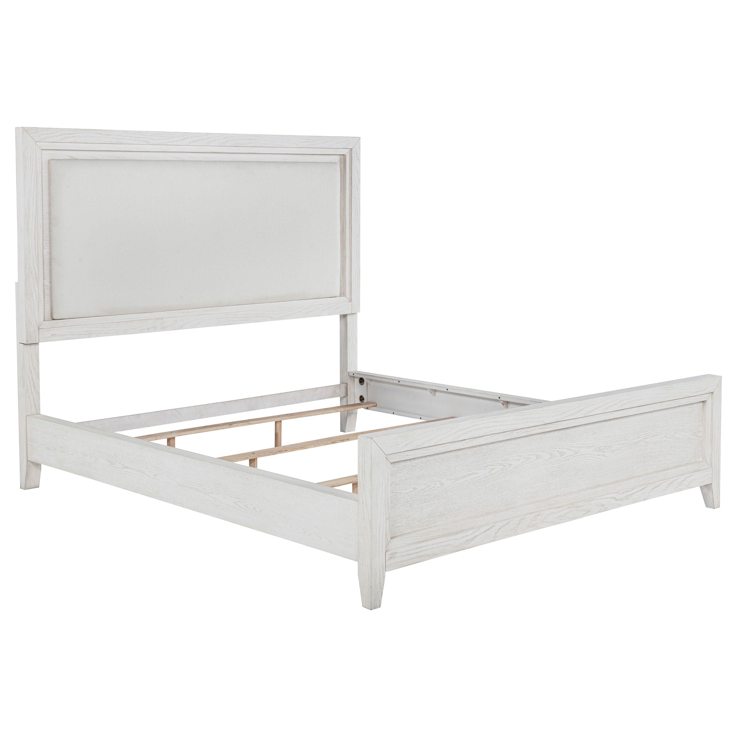 Marielle Eastern King Upholstered Panel Bed Distressed White — view 1