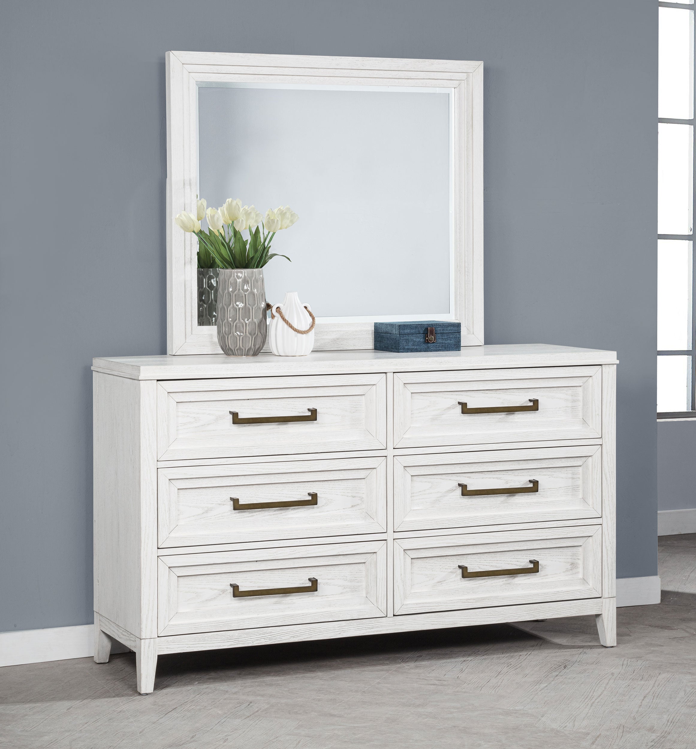 Marielle 6-drawer Dresser with Mirror Distressed White — view 2