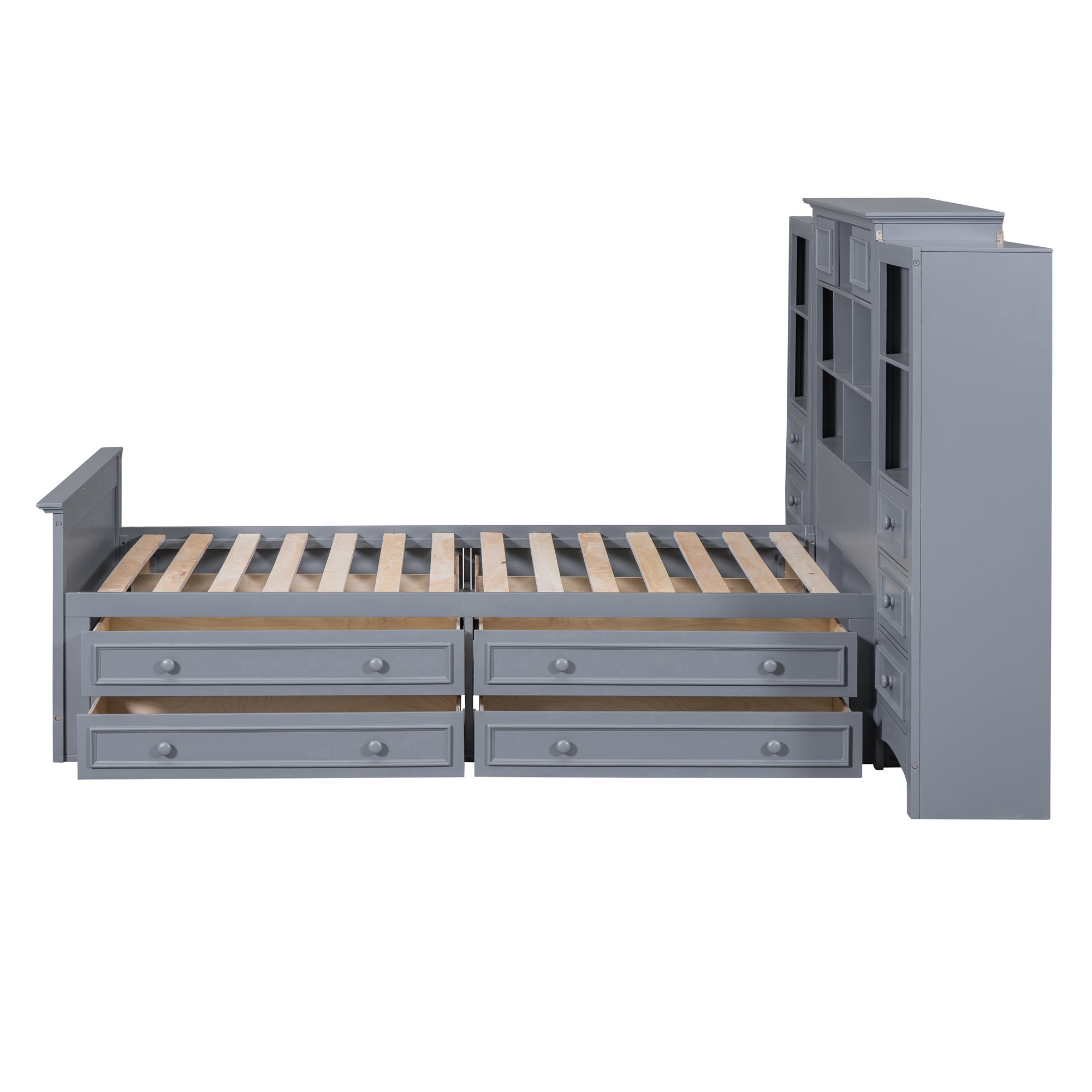 Twin Size Wood Platformbed with Vertical All-in-One Cabinet and 4 Drawers on each side, Gray - Atlantic Fine Furniture Melbourne FL