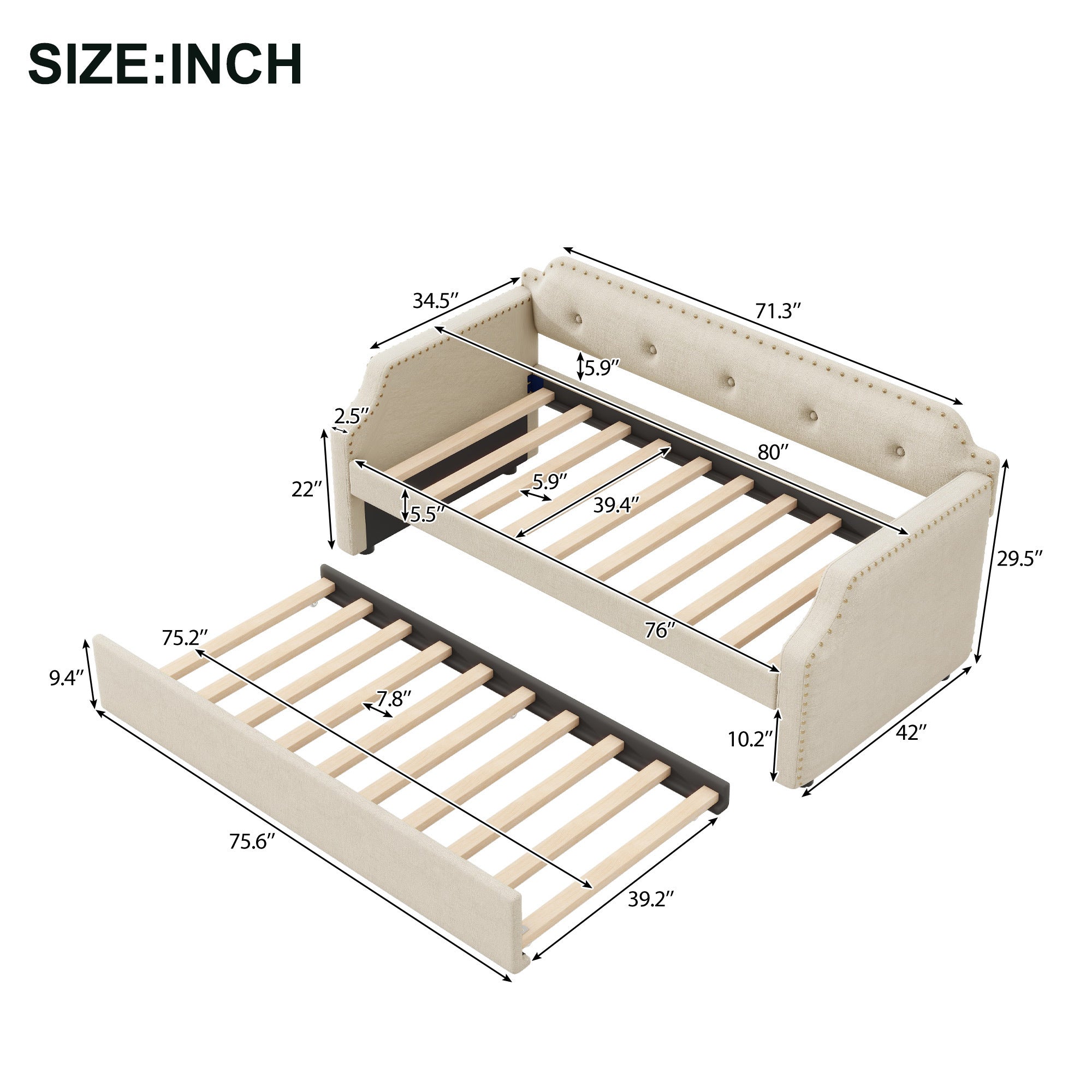 Upholstered Daybed with Trundle, Wood Slat Support,Upholstered Frame Sofa Bed, Twin, Beige - Atlantic Fine Furniture Melbourne FL
