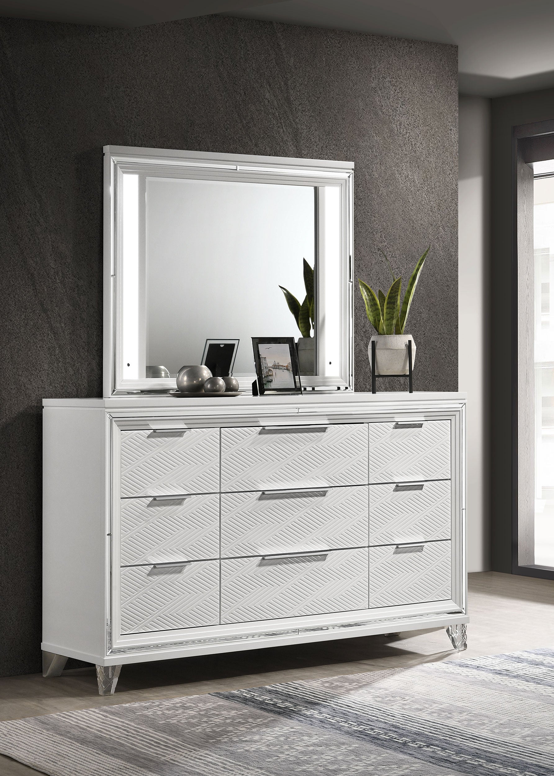 Marmore 9-drawer Dresser and LED Mirror White — view 2