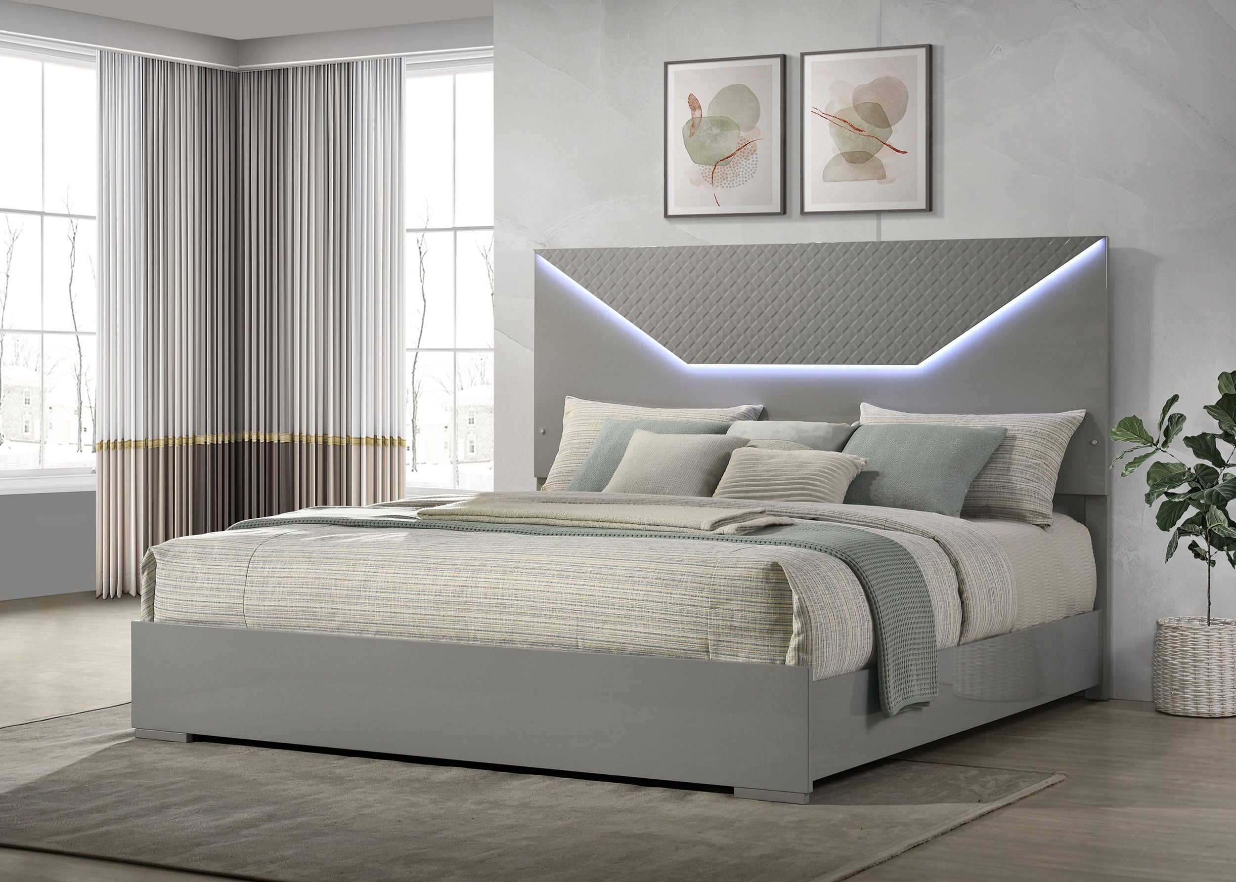 Ives Eastern King Panel Bed LED Headboard Grey High Gloss — view 2