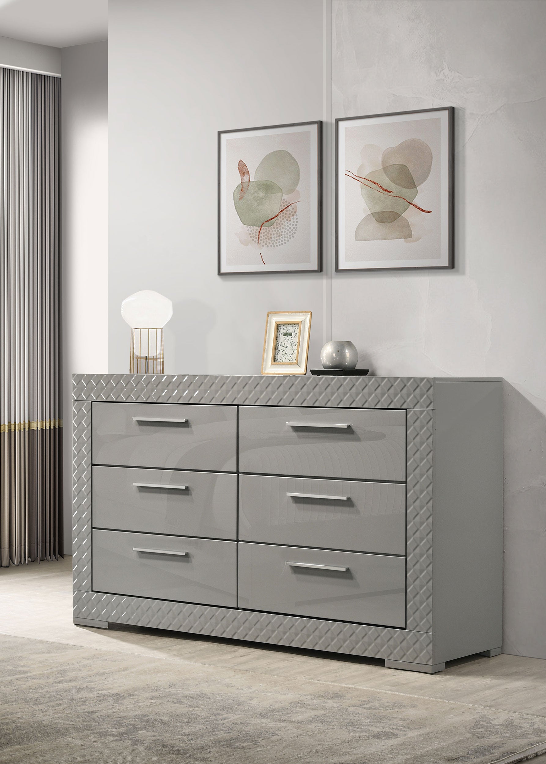 Ives 6-drawer Dresser Cabinet Grey High Gloss — view 2
