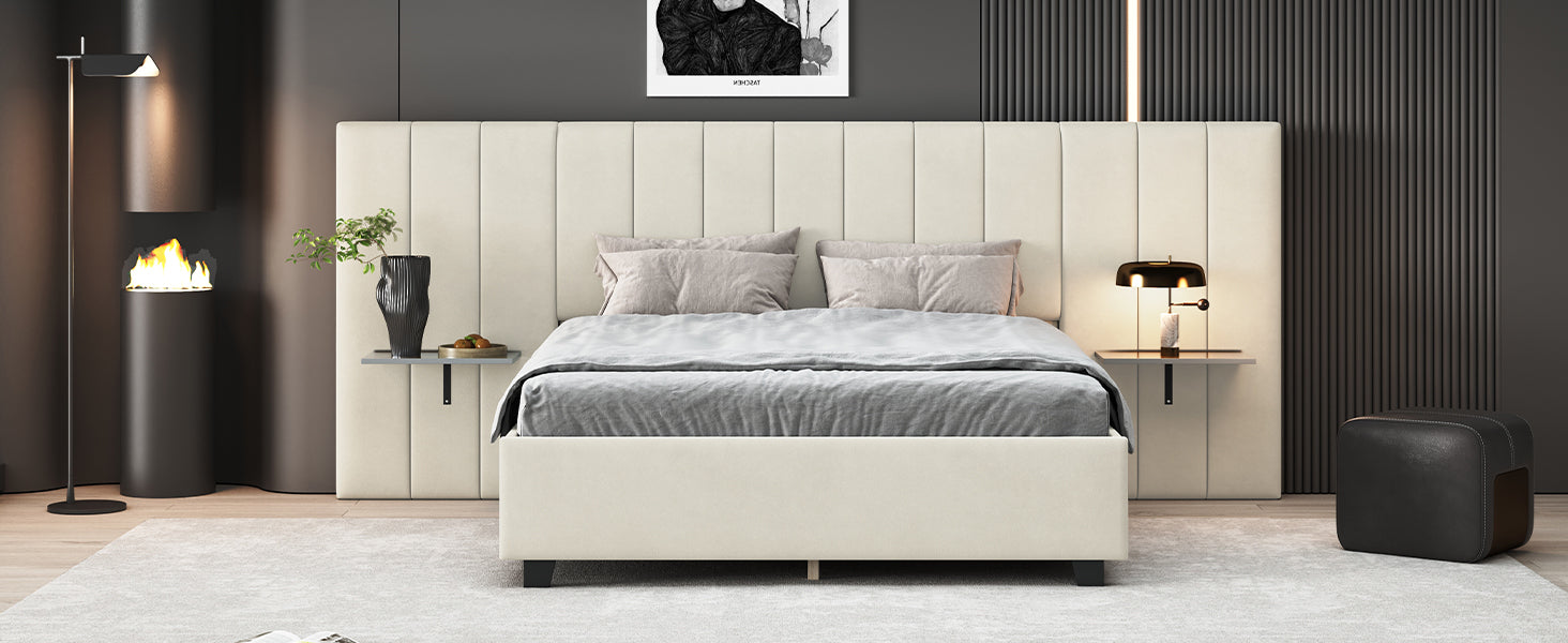 Queen Size Upholstered Platform Bed with Big Headboard, Bedroom Furniture, Velvet, Beige - Atlantic Fine Furniture Melbourne FL