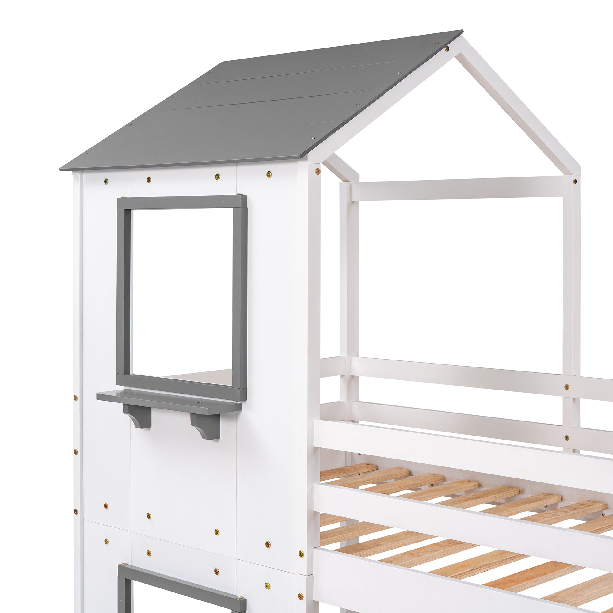 Twin Over Twin Bunk Bed Wood Bed with Roof, Window, Guardrail, Ladder (White)(OLD SKU :LP000056AAK) - Atlantic Fine Furniture Melbourne FL