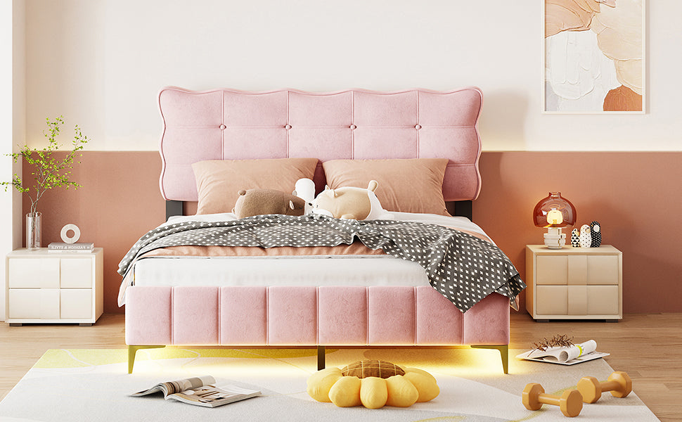Queen Size Velvet Platform Bed with LED Frame and Stylish Mental Bed Legs, Pink - Atlantic Fine Furniture Melbourne FL