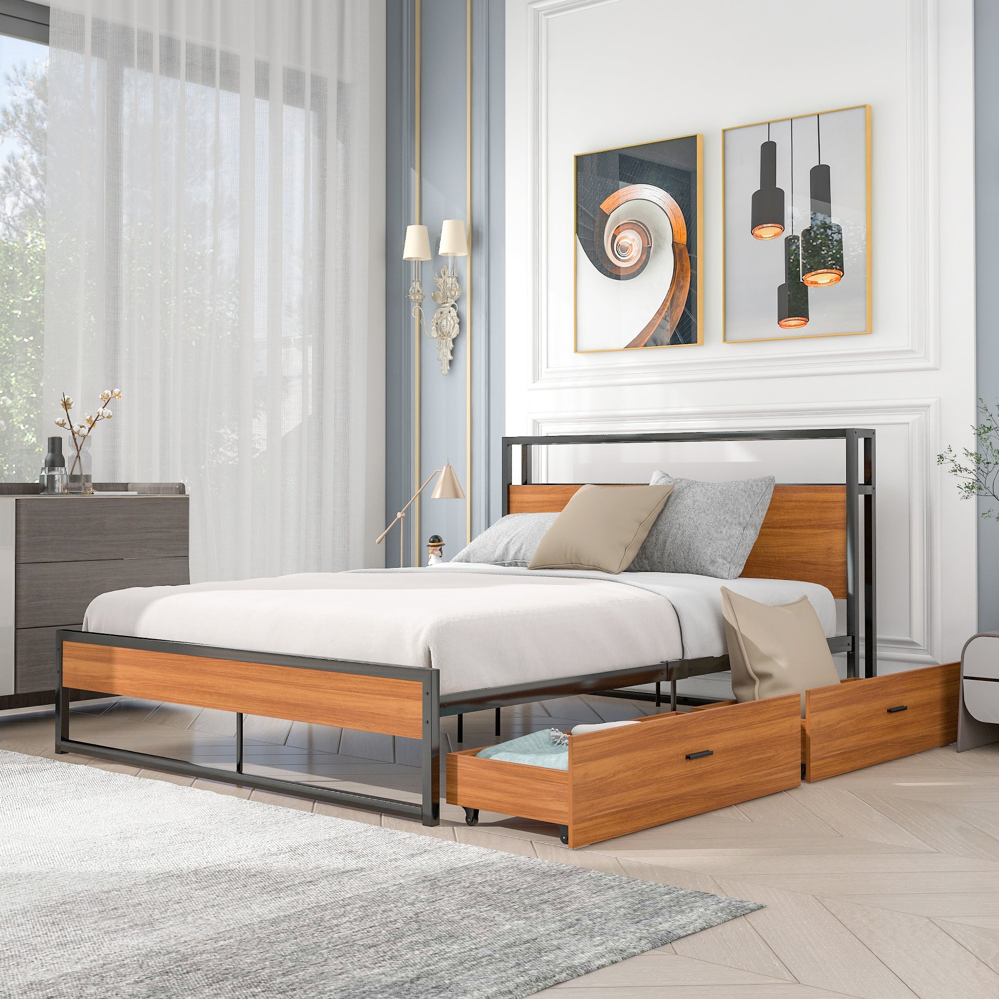 Queen Size Metal Platform Bed Frame with Two Drawers,Sockets and USB Ports ,Slat Support No Box Spring Needed Black - Atlantic Fine Furniture Melbourne FL