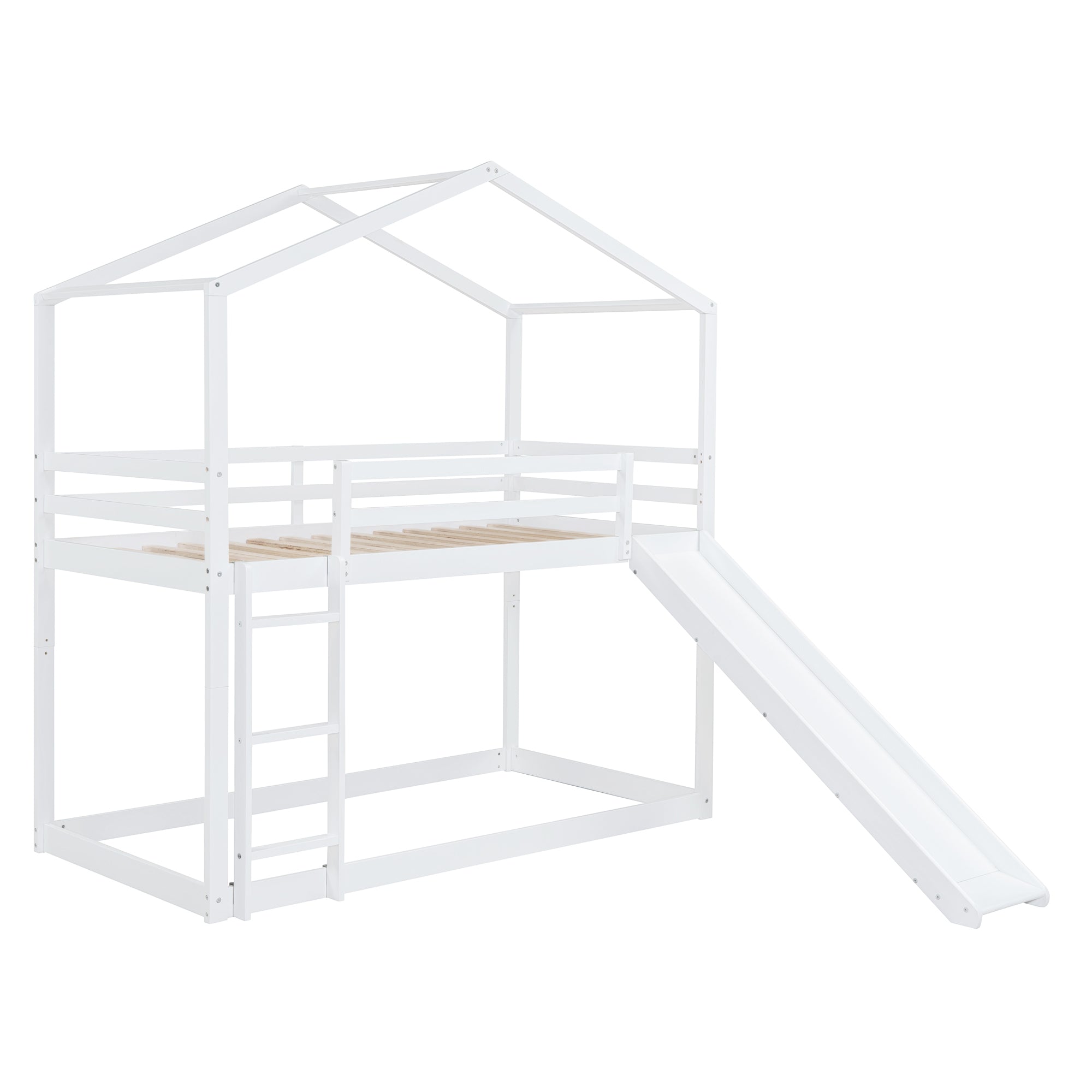 Twin Over Twin Bunk Bed with Roof, Slide and Ladder, White - Atlantic Fine Furniture Melbourne FL
