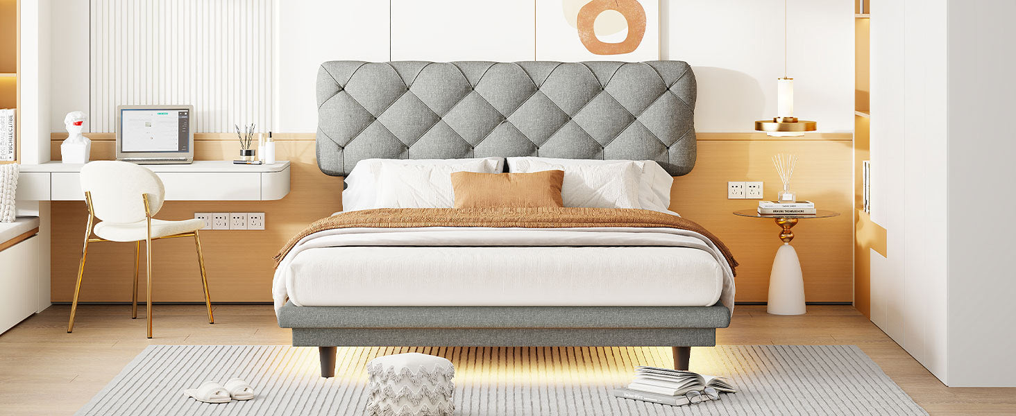 Full Size Upholstered Bed with Light Stripe, Floating Platform Bed, Linen Fabric,Gray - Atlantic Fine Furniture Melbourne FL
