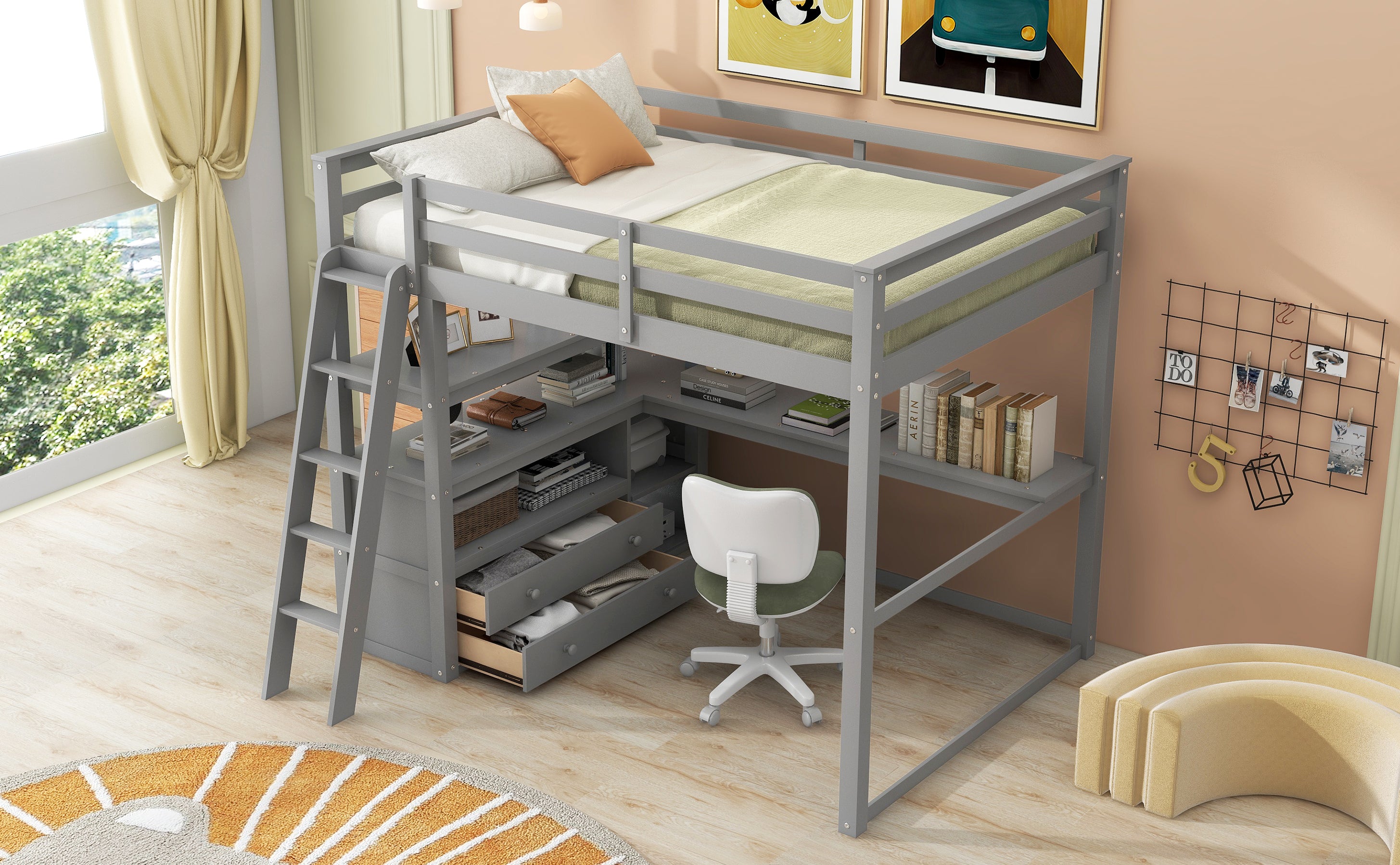 Full Size Loft Bed with Desk and Shelves,Two Built-in Drawers,Gray(Old SKU: GX000416AAE) - Atlantic Fine Furniture Melbourne FL