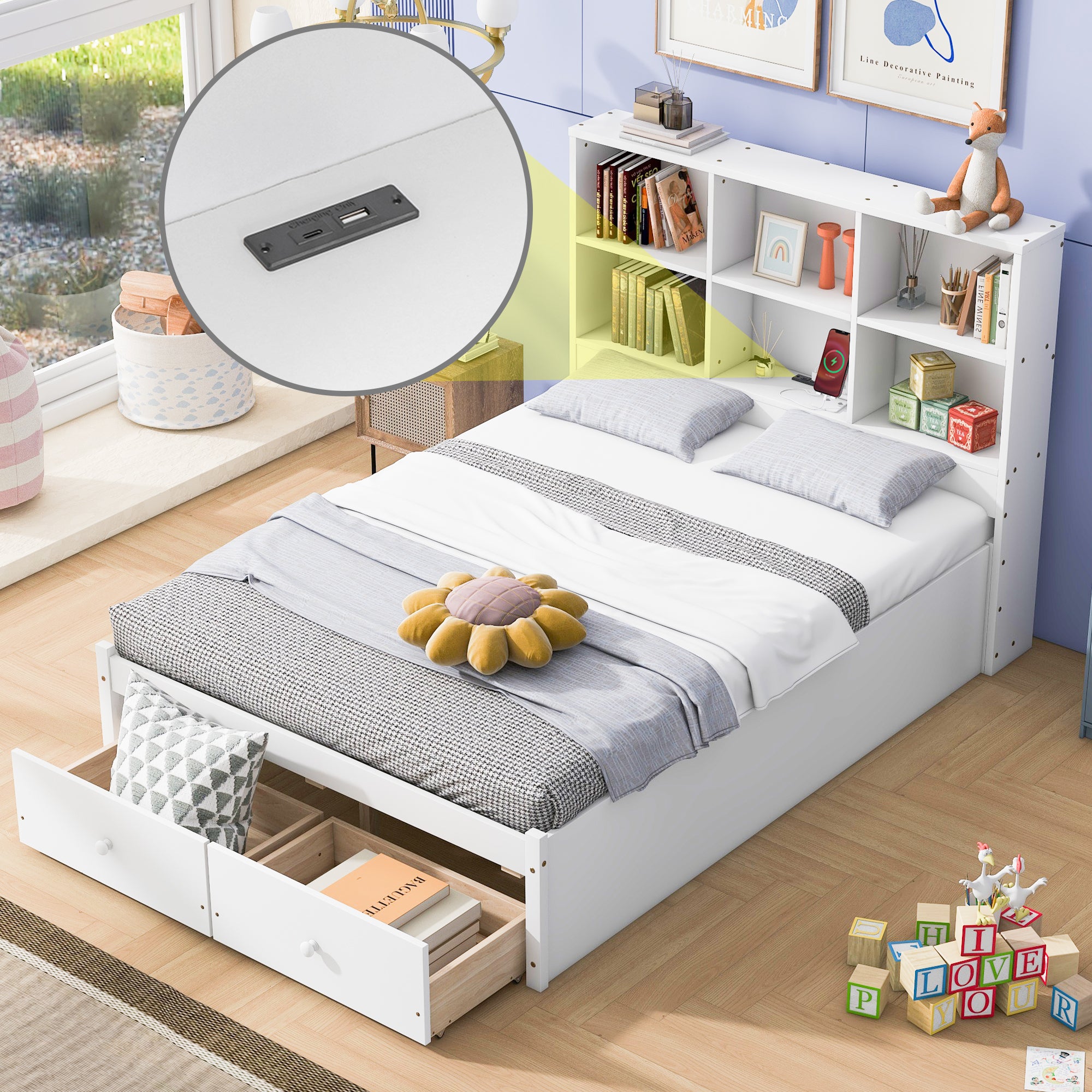 Full Size Platform Bed with Storage Headboard, Charging Station and 2 Drawers, White - Atlantic Fine Furniture Melbourne FL