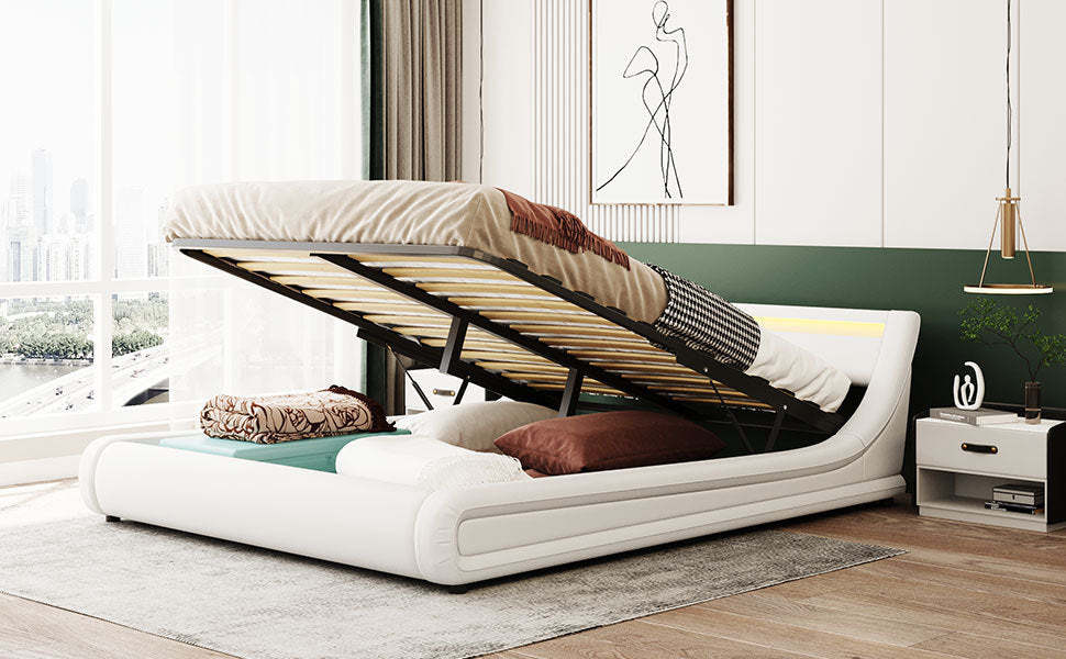 Upholstered Faux Leather Platform bed with a Hydraulic Storage System with LED Light Headboard Bed Frame with Slatted Queen Size - Atlantic Fine Furniture Melbourne FL