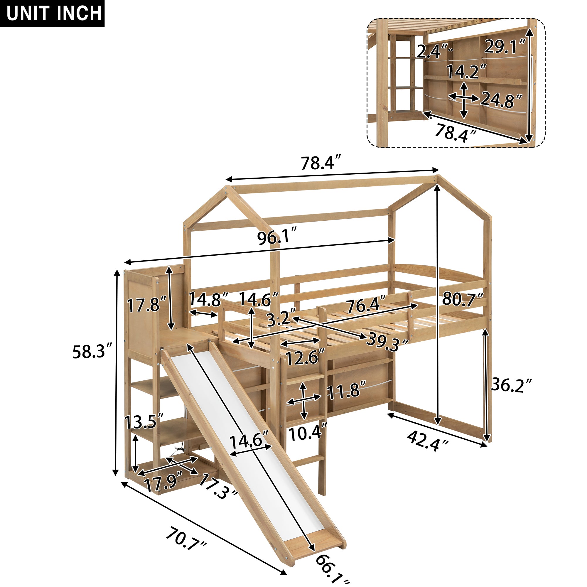 Twin Size Wood House Loft bed with Slide, Storage shelves and Light, Climbing Ramp, Wood Color - Atlantic Fine Furniture Melbourne FL