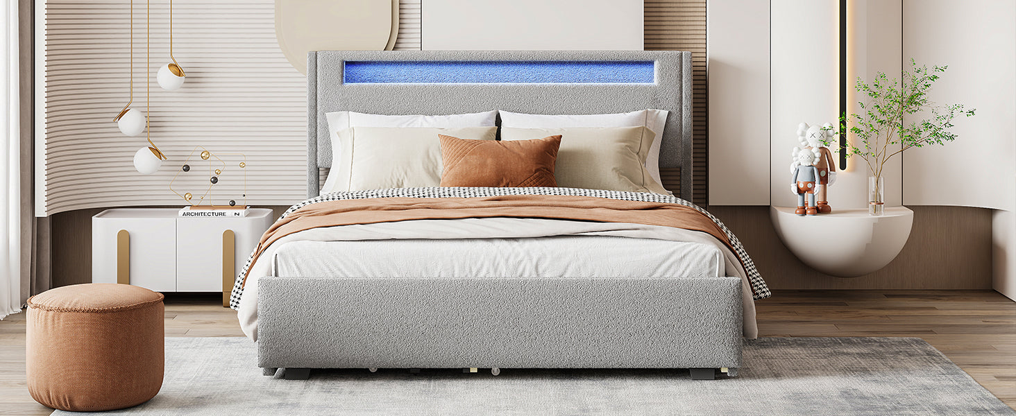 Queen Size Upholstered Platform Bed with LED Frame, with Twin XL Size Trundle and 2 drawers, Teddy Fleece, Gray