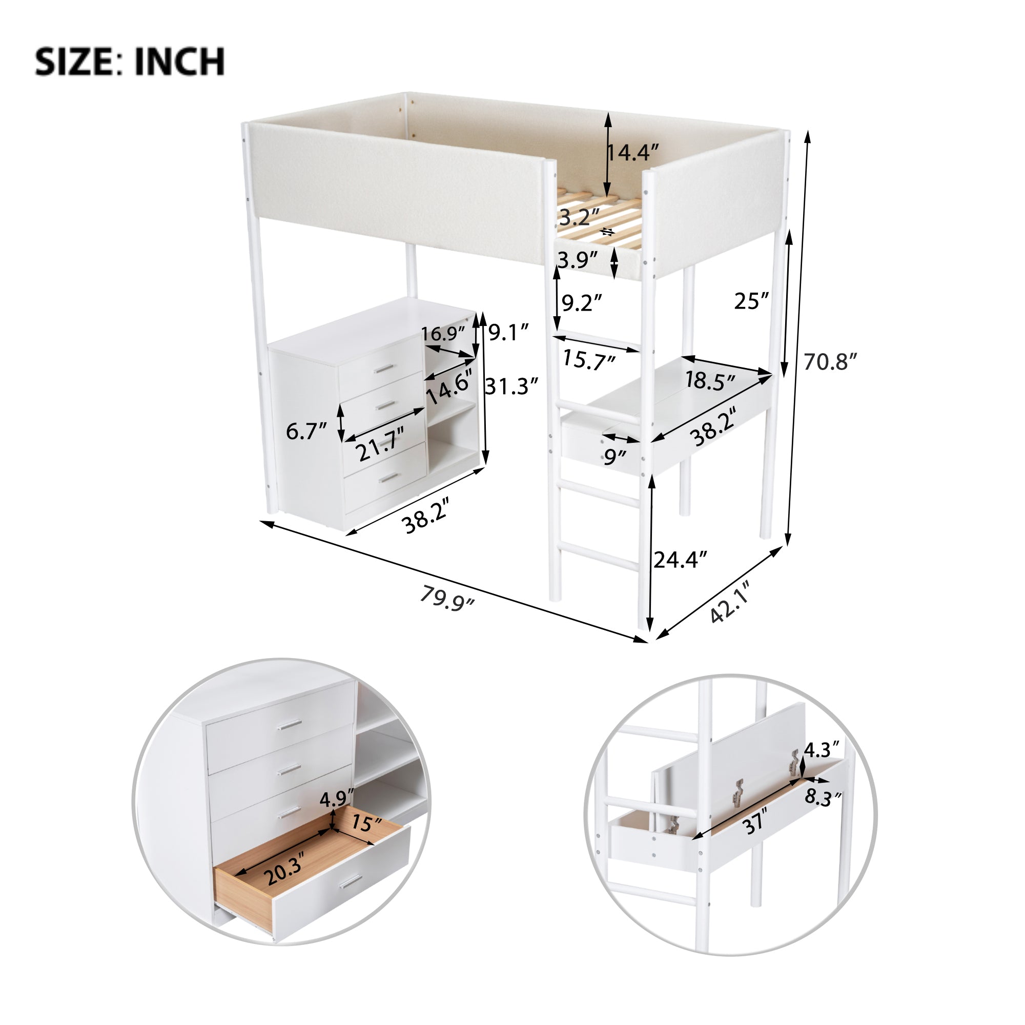 Twin Size Teddy FleeceLoft Bed Wood Bed, White - Atlantic Fine Furniture Melbourne FL
