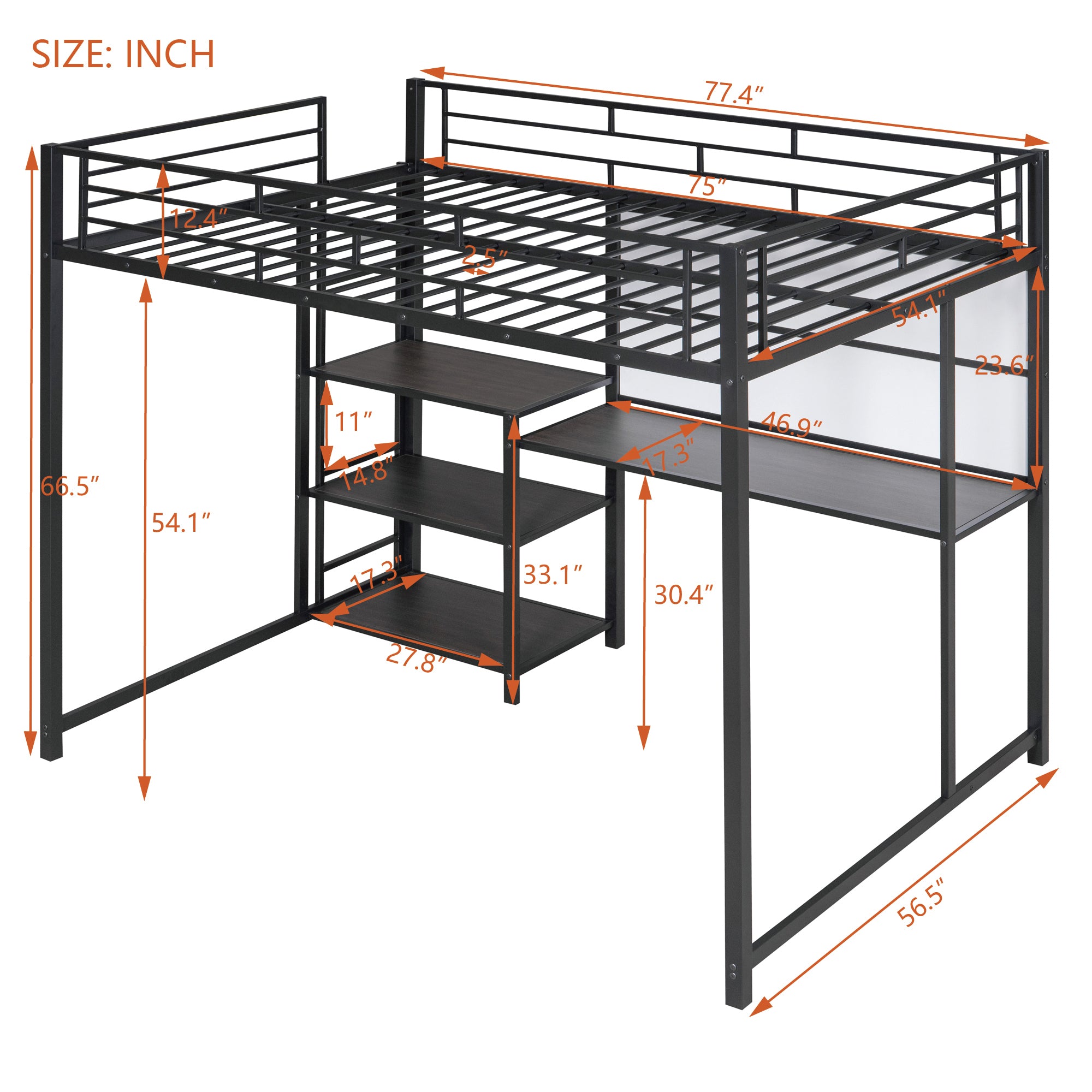 Full Size Loft Bed with Desk and Whiteboard, Metal Loft Bed with 3 Shelves and Ladder, Black - Atlantic Fine Furniture Melbourne FL