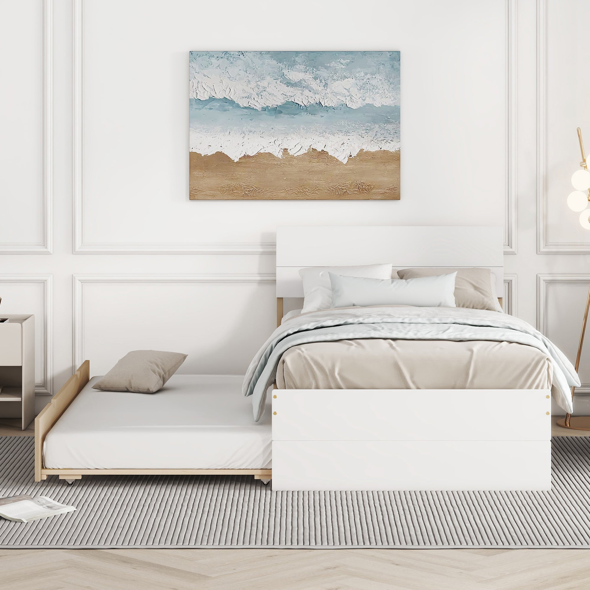 Modern Twin Bed Frame With Trundle For White High Gloss Headboard and Footboard With Light Oak Color - Atlantic Fine Furniture Melbourne FL