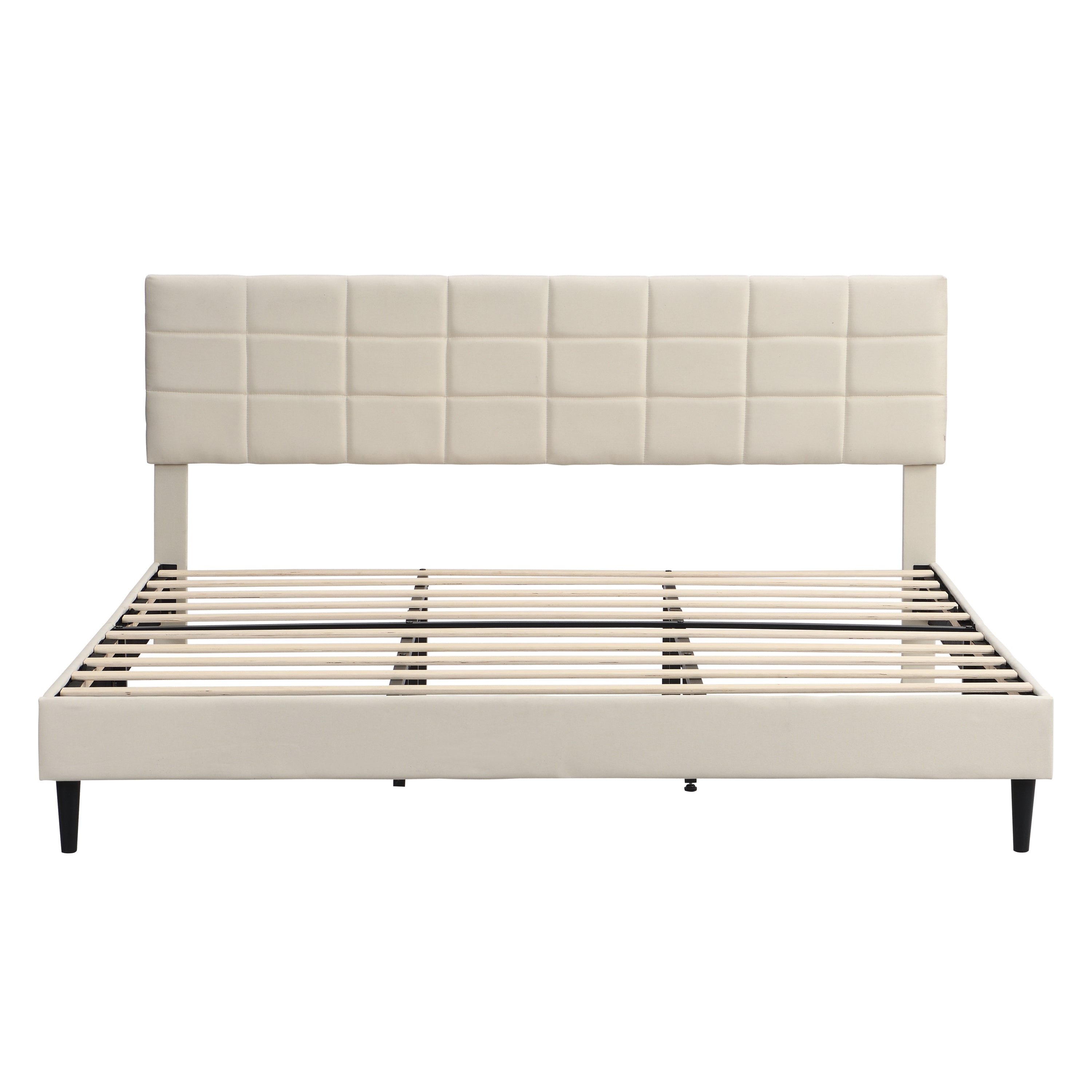 King Size Platform Bed Frame with Fabric Upholstered Headboard and Wooden Slats, No Box Spring Needed/Easy Assembly, Dark Beige - Atlantic Fine Furniture Melbourne FL