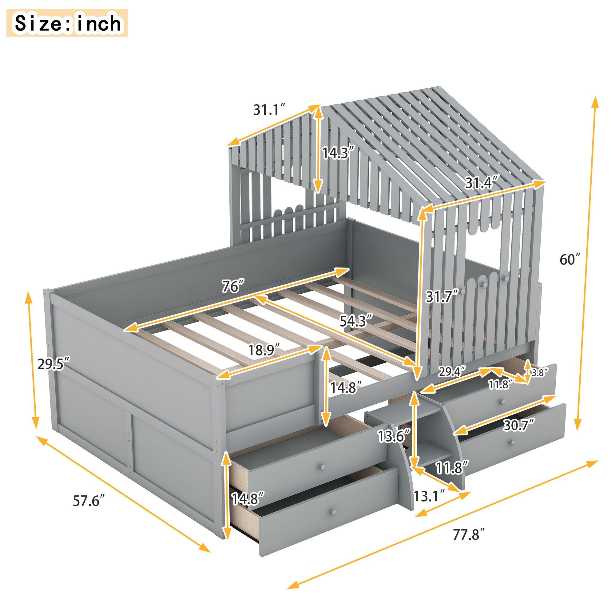 Full Size House Low Loft Bed with Four Drawers,Gray - Atlantic Fine Furniture Melbourne FL